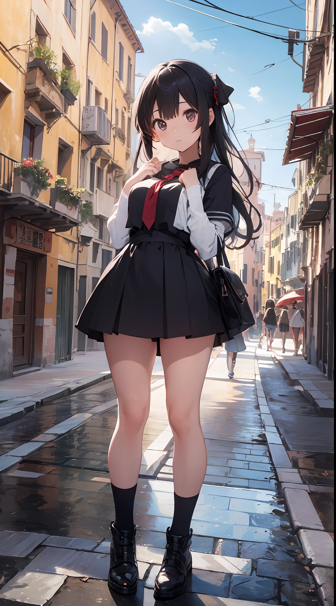 s girl、portrait of a full body、Focus on the face、Kamimei、begging、Third-person perspective、Venice background、top-quality、Delicate、detaileds、masterpiece、Real Stick、3D background、Backgrounds with depth、Realistically exaggerate changes in material texture、Exaggeration of gloss、The best transcendental virtuosity