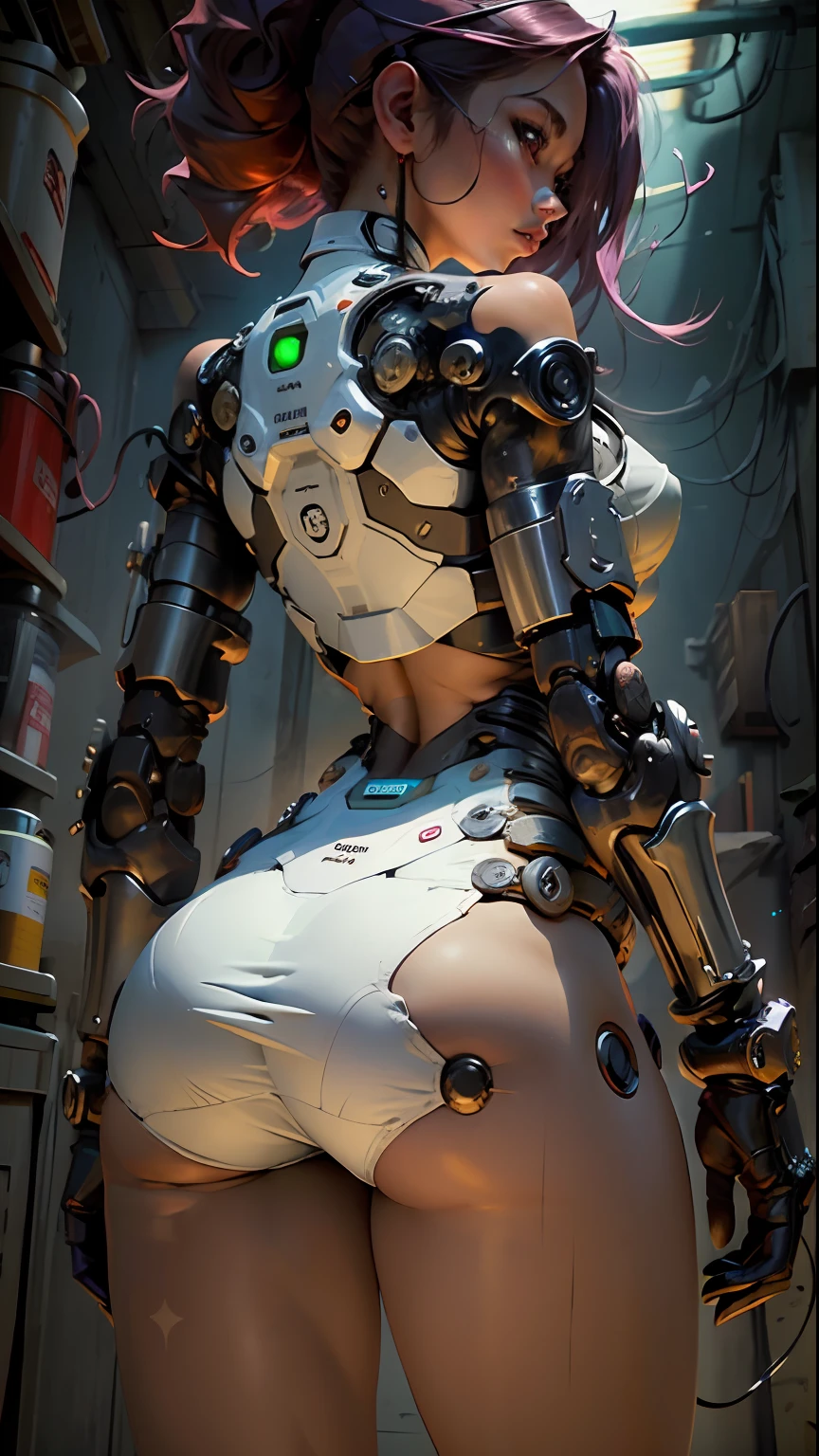 A woman's body is defined by thick hips, cybernetic parts of the body, short underwear, seen from behind