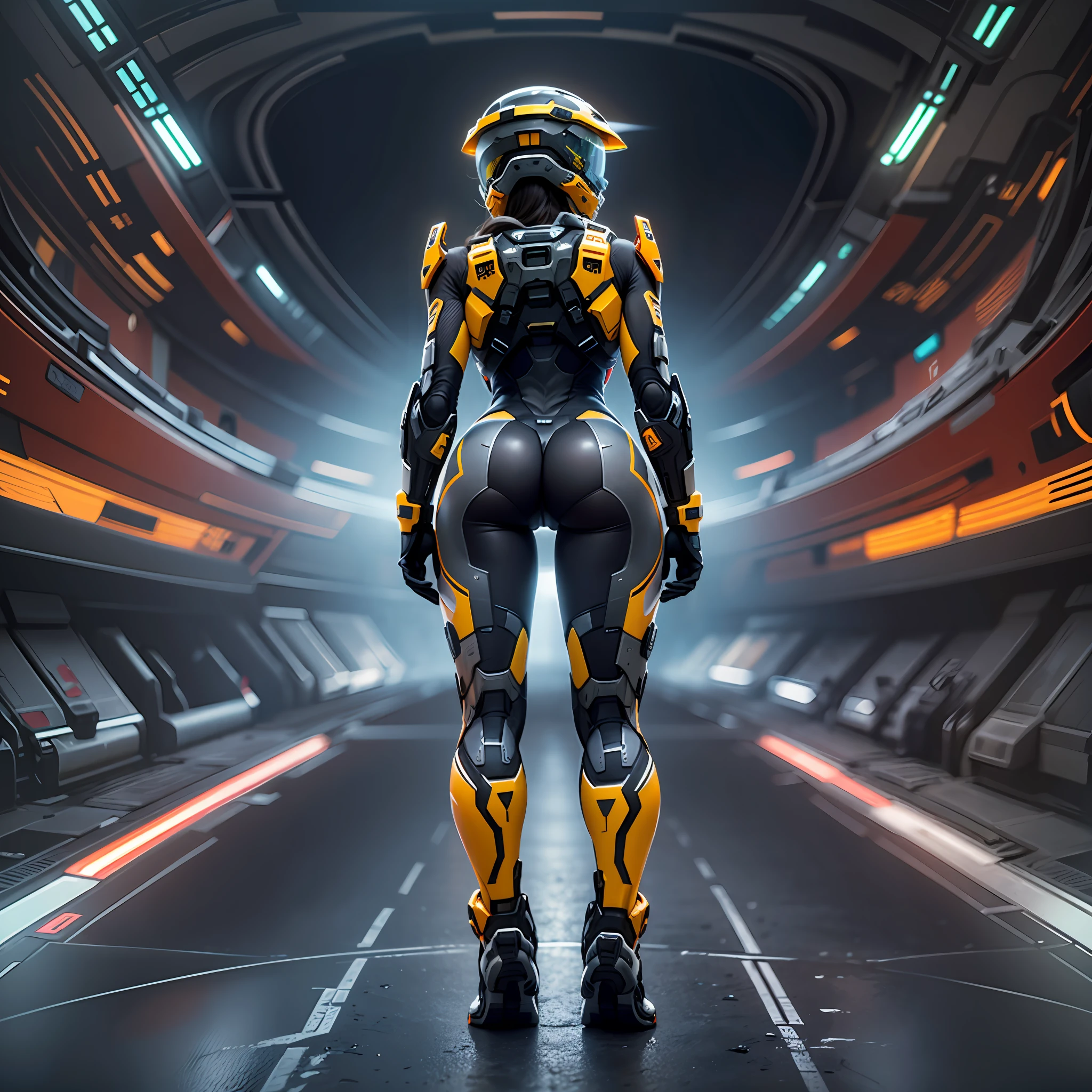 halo,only one girl,black,orange,Very long legs,standing on your feet,Full body photo,Back,helmet,Head forward,The butt is round,focus on ass,8K,Best Picture Quality，Clear picture，astonishing detail