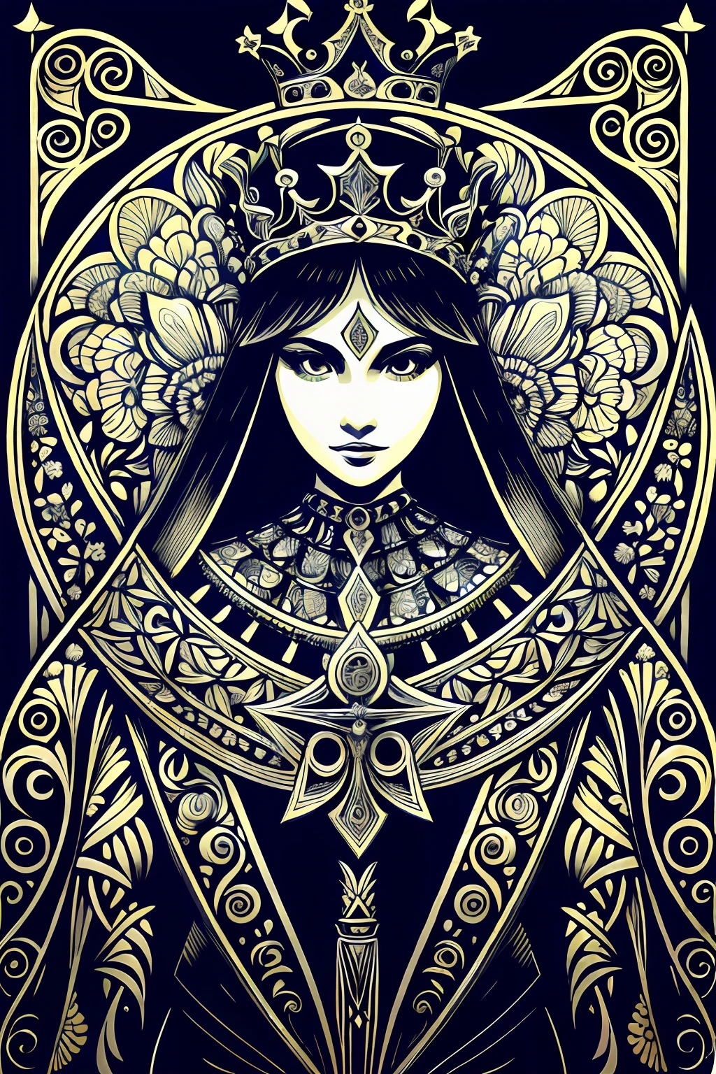 absurdres, highres, ultra detailed, (ultra-detailed background, detailed background), extremely detailed,
1girl, bunch of flowers, (zentangle:1.1), (geometric:1.1), beautiful flowing hair, good anatomy, dramatic, award winning, masterwork, masterpiece, (queen of spades), (regal queen outfit), (full torso), (crown), (spade symbol:1.25),