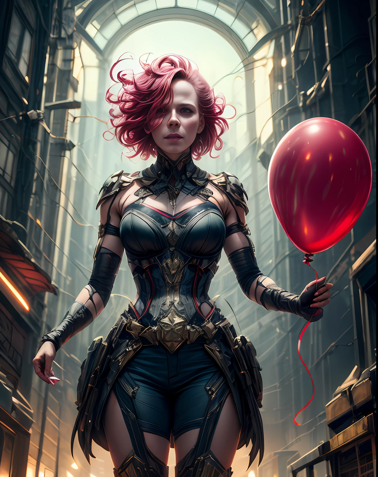 a hugely insane depressed woman holding a shiny red balloon, by ross tran, oil on canvas, masterpiece, trending on artstation, featured on pixiv, cinematic composition, dramatic pose, beautiful lighting, sharp details, hyper-detailed, hd, hdr, 4k, 8k, artgerm, octane render, digital art, concept art, comic