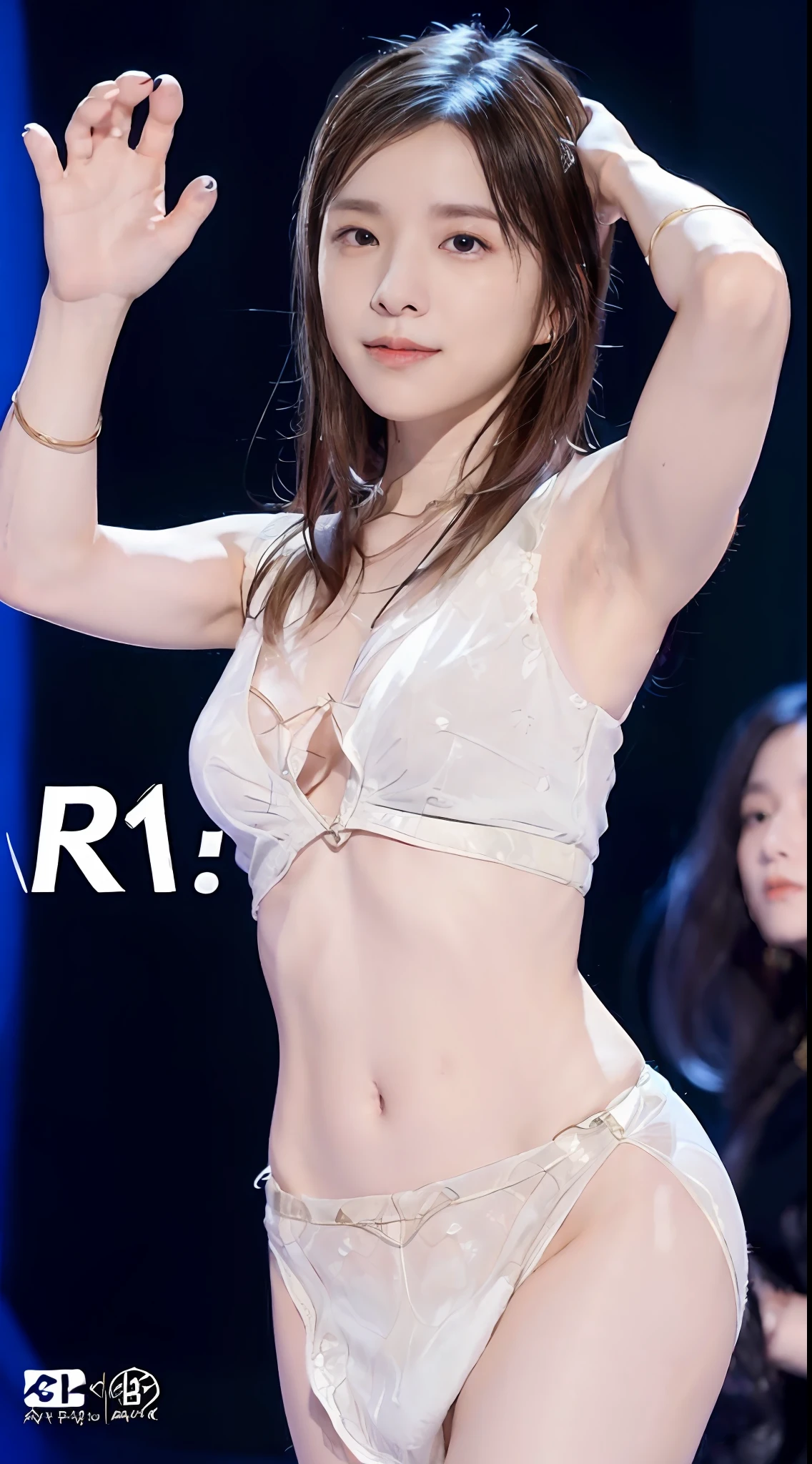 1 girl in(8K、Raw photography、top-quality、masterpiece:1.2)、(realisitic、realisitic:1.37)、ultra-detailliert、FULL BODYSHOT、Popular singers in the spotlight on stage、Live performance venue、Stand Microphone、(((No clothes)))、realistic eyes and face details、natural skin textures、Armpit、decolletage、cleavage of the breast、(((thighs thighs thighs thighs、Raw feet)))、a navel、abdominals、Fair skin、A detailed face、真实感、Realistic background、Realistic lighting、sexypose、Sweaty skin