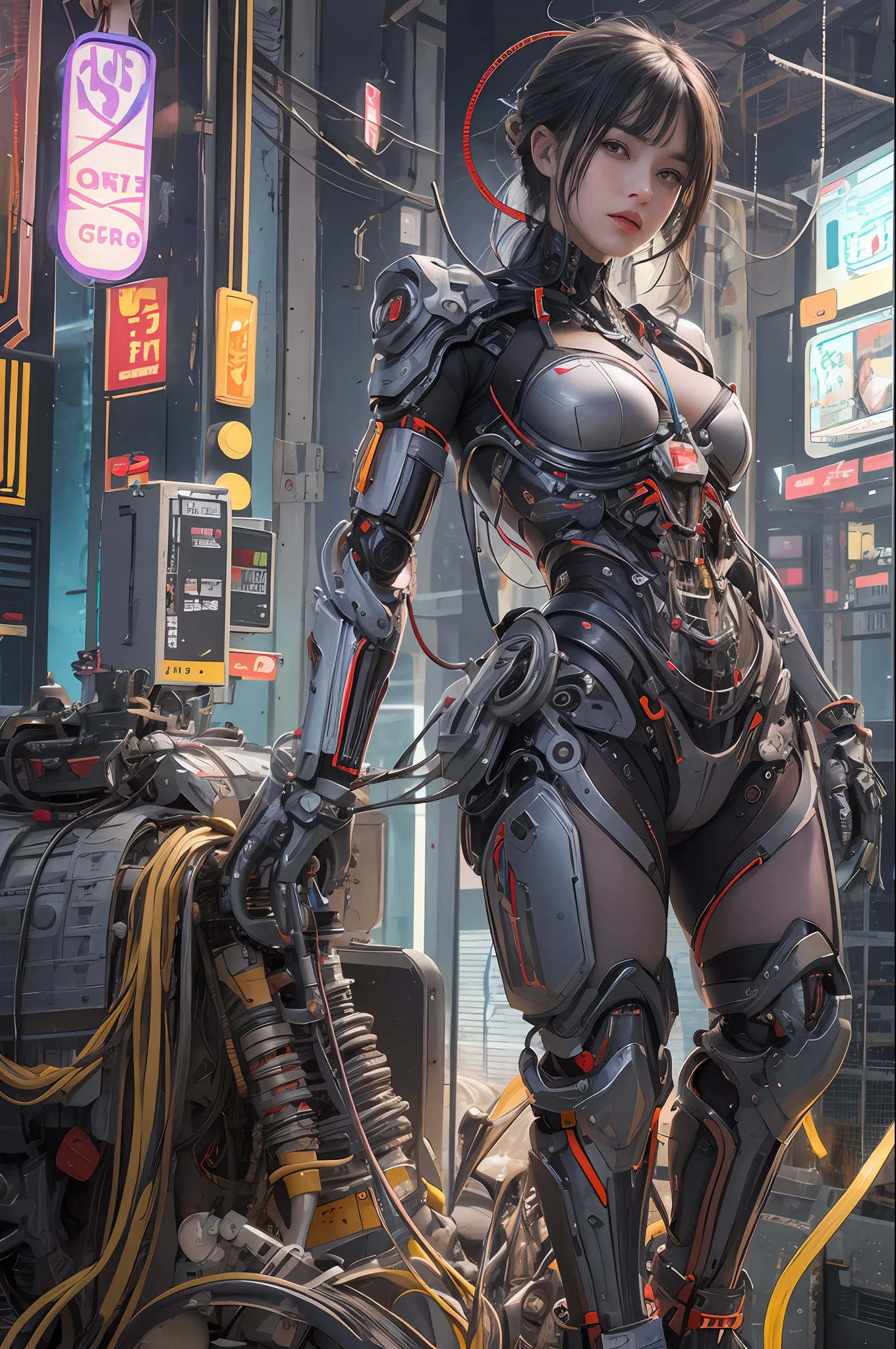 Top Quality, Masterpiece, Ultra High Resolution, (Photorealistic: 1.4), Raw Photo, 1 cyberpunk Girl, Glossy Skin, 1 Mechanical Girl, (Ultra Realistic Detail)), (((Full body shot))), Global Illumination, Contrast, Shadows, Octane Rendering, 8K, Ultra Sharp, Raw Skin, Metal, Intricate Ornament Details, Japan Details, Very intricate details, realistic light, CGSoation trend, facing the camera, neon details, mechanical limbs, blood vessels connected to the tube, mechanical vertebrae attached to the back, mechanical cervical attachment to the neck, wires and cables connecting to the head, gundam, small LED lamps.