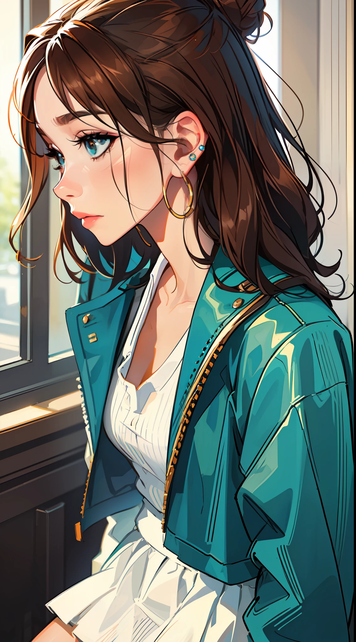 The environment is blurry and elegant, Model, High contrast required, jewels, earings, Upskirt, Shirt, jacket, brown hair, white shirt, A bracelet, hair bun, single hair bun, long skirt, closed mouth, Hoop earrings, blue jacket, sleeves rolled up, Revealing clothes, makeup, white skirt, Detailed hair, pastel colours