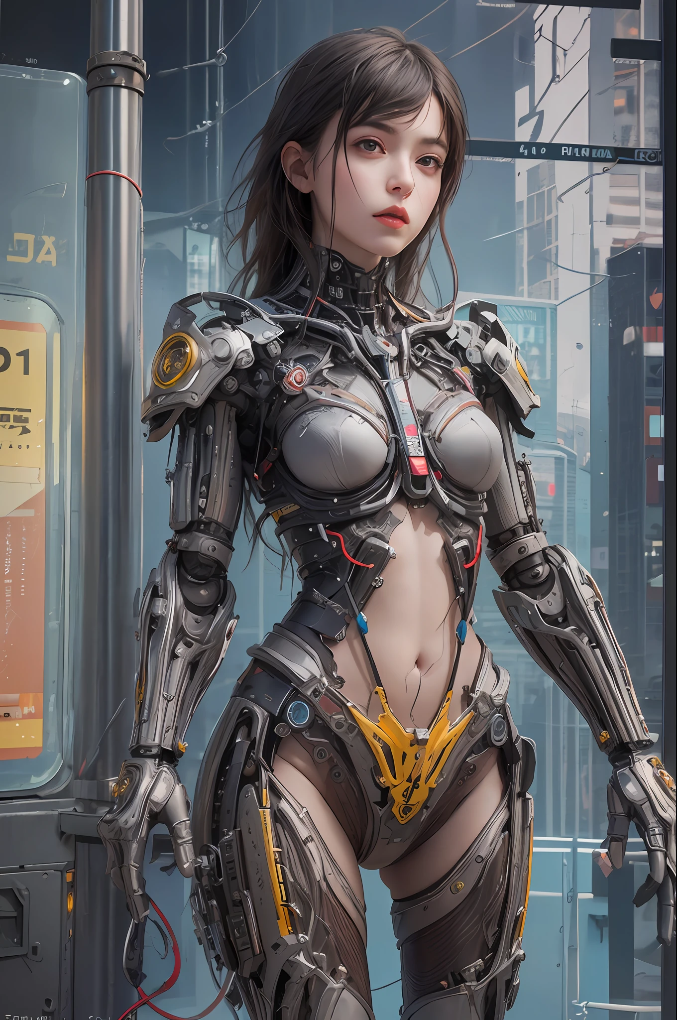 Top Quality, Masterpiece, Ultra High Resolution, (Photorealistic: 1.4), Raw Photo, 1 cyberpunk Girl, Glossy Skin, 1 Mechanical Girl, (Ultra Realistic Detail)), (((Full body shot))), Global Illumination, Contrast, Shadows, Octane Rendering, 8K, Ultra Sharp, Raw Skin, Metal, Intricate Ornament Details, Japan Details, Very intricate details, realistic light, CGSoation trend, facing the camera, neon details, mechanical limbs, blood vessels connected to the tube, mechanical vertebrae attached to the back, mechanical cervical attachment to the neck, wires and cables connecting to the head, gundam, small LED lamps.