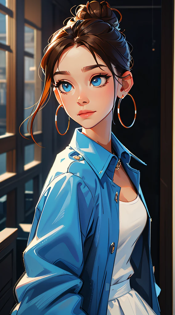The environment is blurry and elegant, Model, High contrast required, jewels, earings, Upskirt, Shirt, jacket, brown hair, white shirt, A bracelet, hair bun, single hair bun, long skirt, closed mouth, Hoop earrings, blue jacket, sleeves rolled up, Revealing clothes, makeup, white skirt, Detailed hair, very detailed eyes