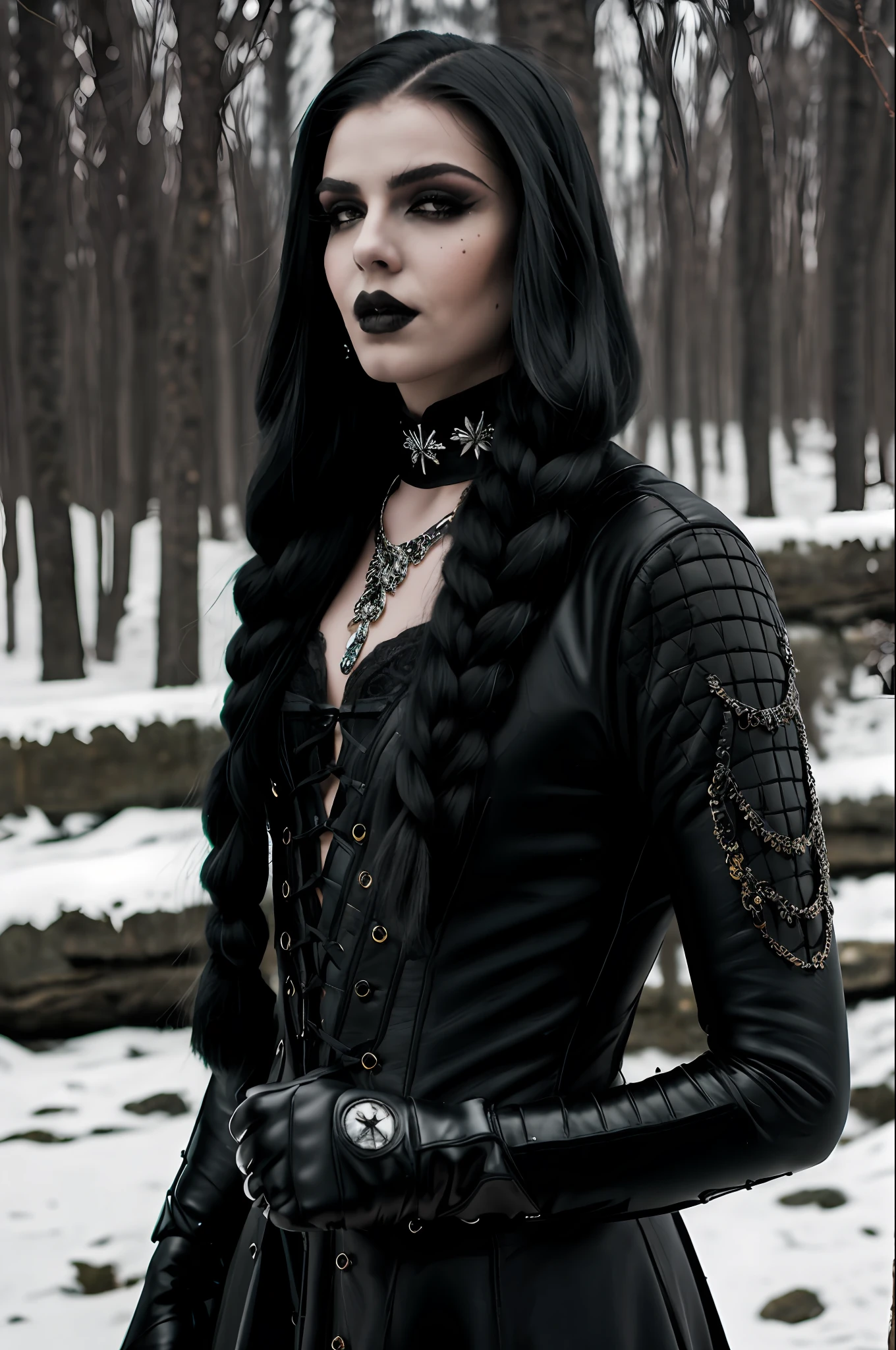 ((Best Quality)), ((Masterpiece)), (Highly detailed:1.3),Man with long hair, black lipstick gloves grotes, gothic scenery, serious look, crossdresser, femboy, flat chest,