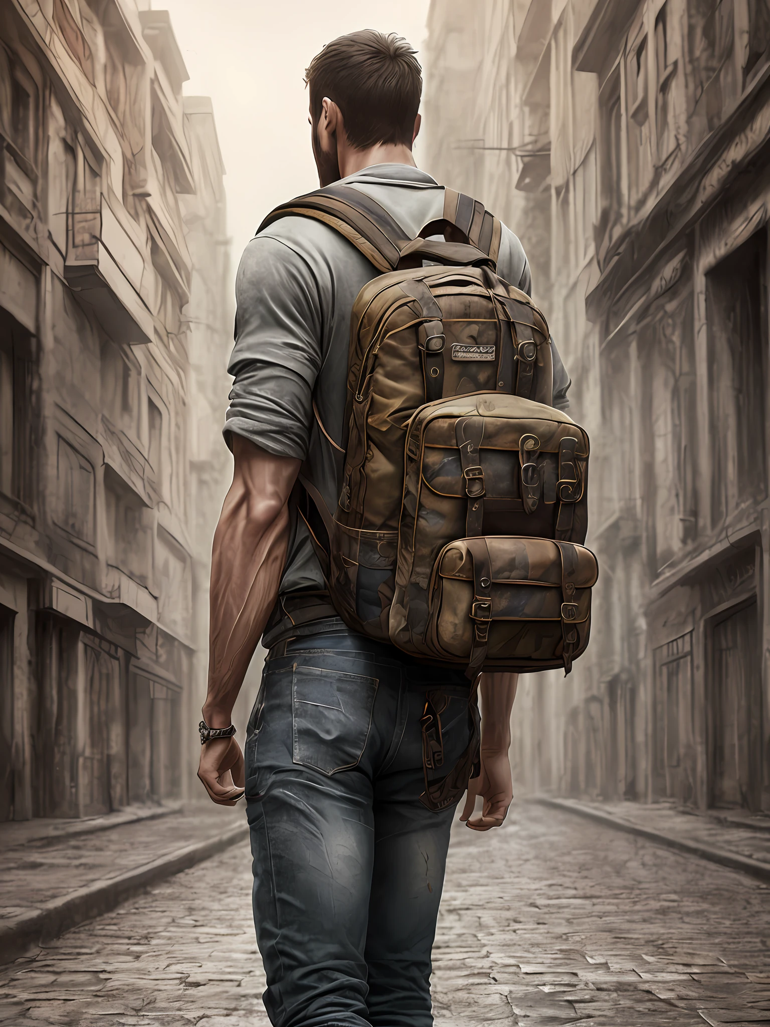 strong muscular man, street angry, backpack, epic realistic, photo, faded, complex stuff around, intricate background, soaking wet, neutral colors, ((((hdr)))), ((((muted colors)))), intricate scene, artstation, intricate details, vignette