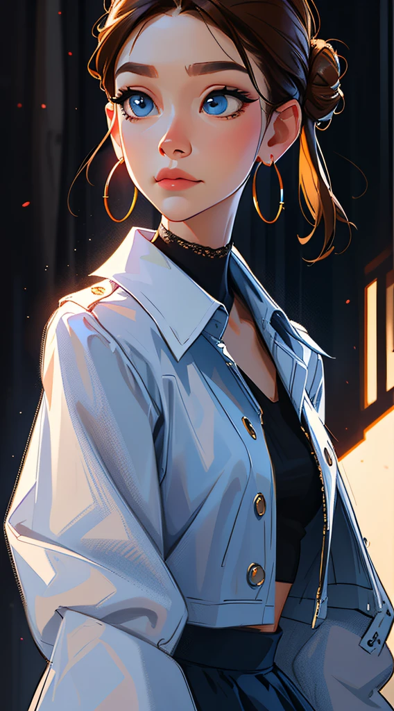 The environment is blurry and elegant, Model, High contrast required, jewels, earings, Upskirt, Shirt, jacket, brown hair, white shirt, A bracelet, hair bun, single hair bun, long skirt, closed mouth, Hoop earrings, blue jacket, sleeves rolled up, Revealing clothes, makeup, white skirt, Detailed hair, very detailed eyes