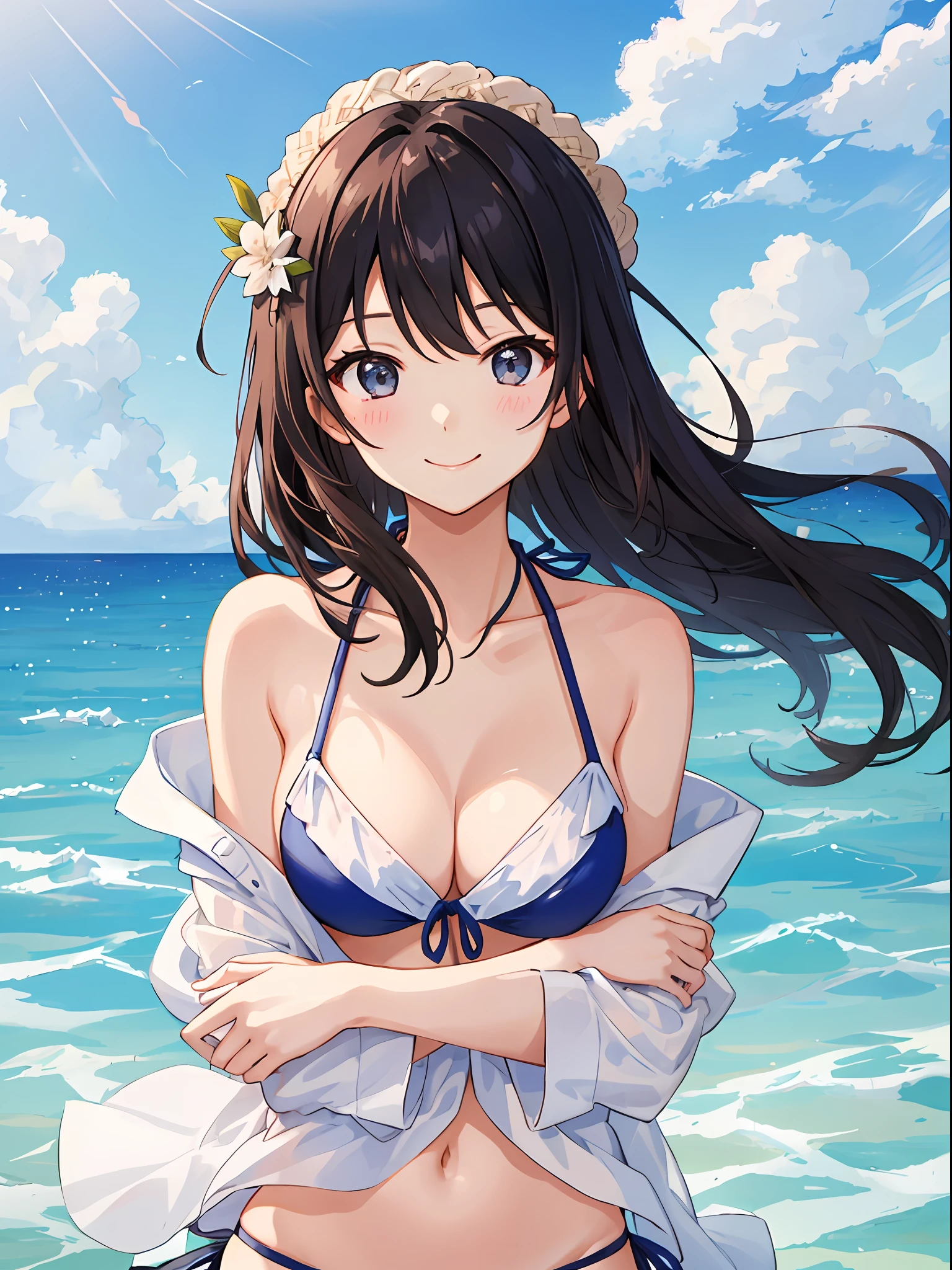 A smile、girl with、masterpiece、top-quality、(Upper body:1.4)、The bikini、sea side、bending forward