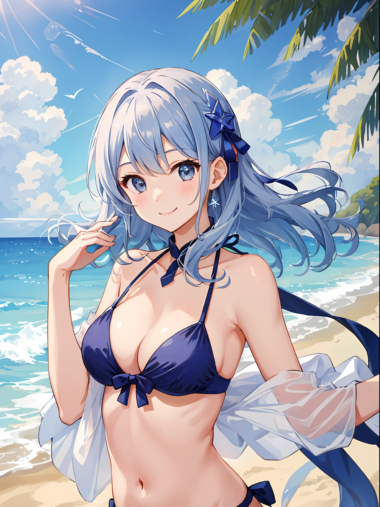 A smile、girl with、​masterpiece、top-quality、(Upper body:1.4)、The bikini、sea side、bending forward