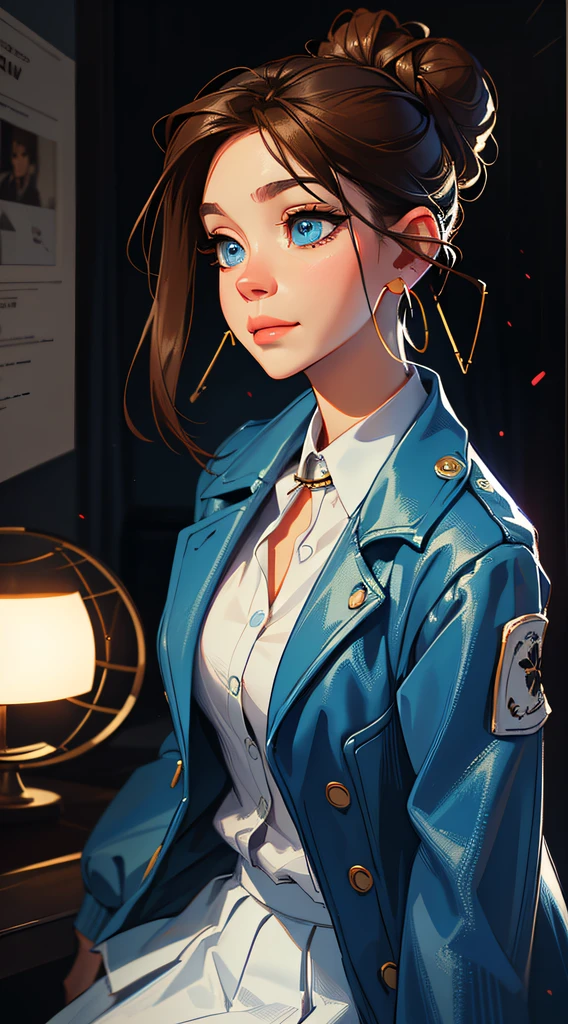 The environment is blurry and elegant, Model, High contrast required, jewels, earings, Upskirt, Shirt, jacket, brown hair, white shirt, A bracelet, hair bun, single hair bun, long skirt, closed mouth, Hoop earrings, blue jacket, sleeves rolled up, Revealing clothes, makeup, white skirt, Detailed hair, very detailed eyes