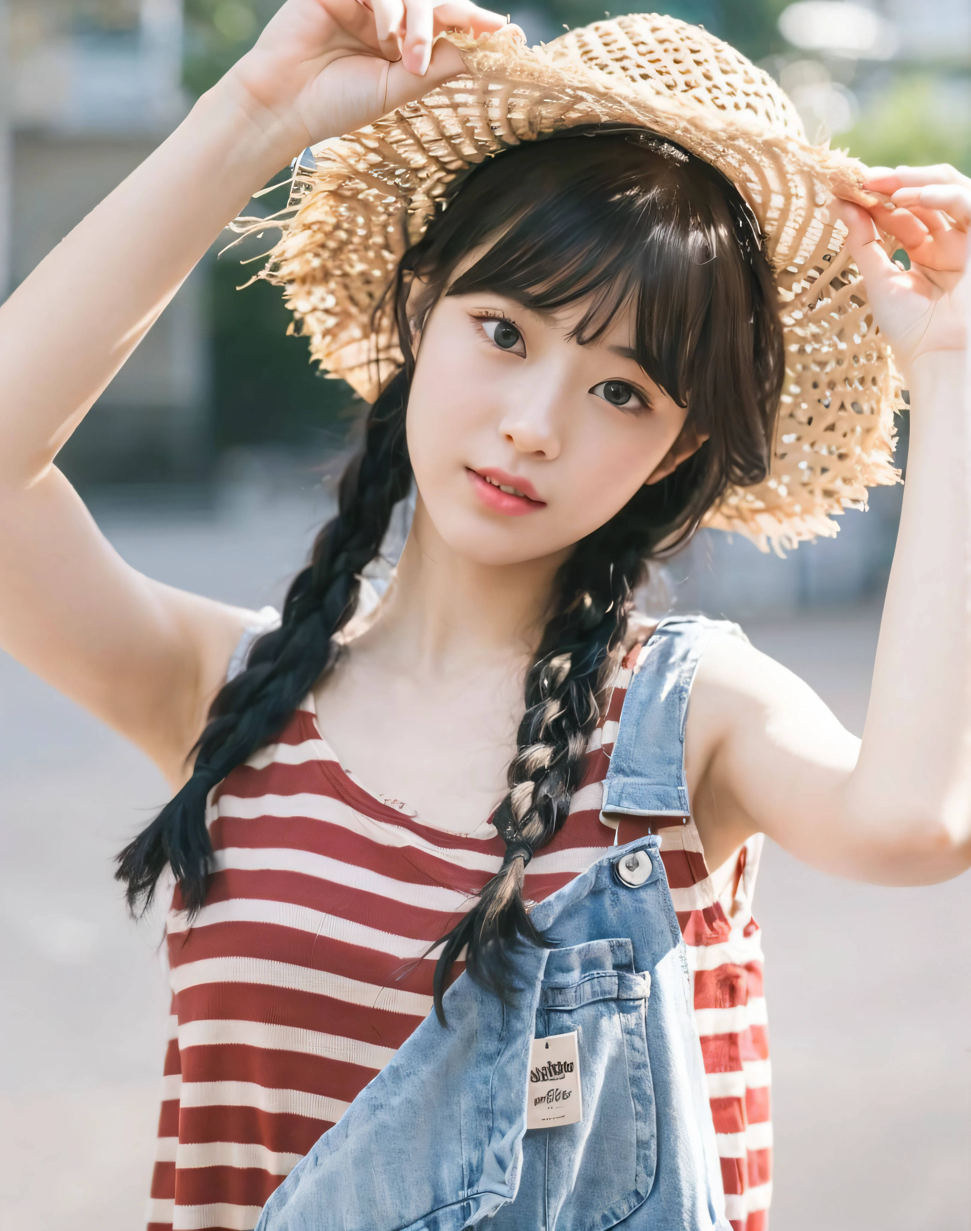 (masterpiece))、(top-quality)、(detaileds)、1 girl in、18year old、playful look、medium chest、length hair、Beautiful fece、naturey、Not exposed、Arafi woman with straw hat and baseball bat in overalls、a straw fedora hat、cute young woman、Young cute girl in straw hat、Straw hats and overalls、attractive girl、Cute thin face for girls、 cute young woman、Cute - fine face、a cute young girl、japanes、18year old、