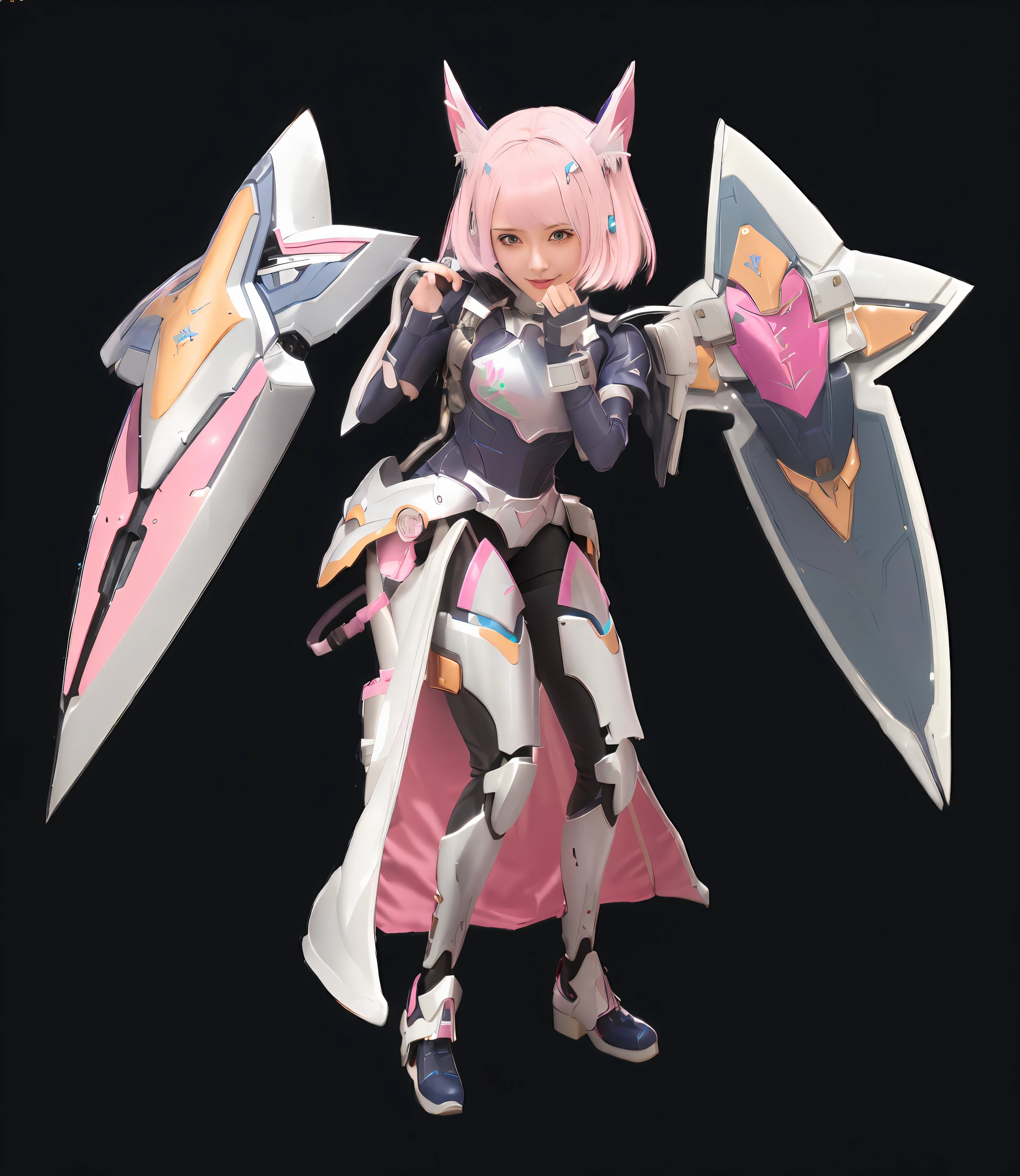 A hyper-realistic、ultra-detailliert、top-quality、hight resolution、Anime character with pink hair and white wings holding pink and white sword, streamlined pink armor, Laughing at others、mesugaki、fully robotic!! catgirl, mechanized valkyrie girl, Official Character Art, of a ramlethal valentine, armor girl, in opal armor, female mech, Girl in Mecha Cyber Armor, slick pink armor, ferra white mecha, from arknights