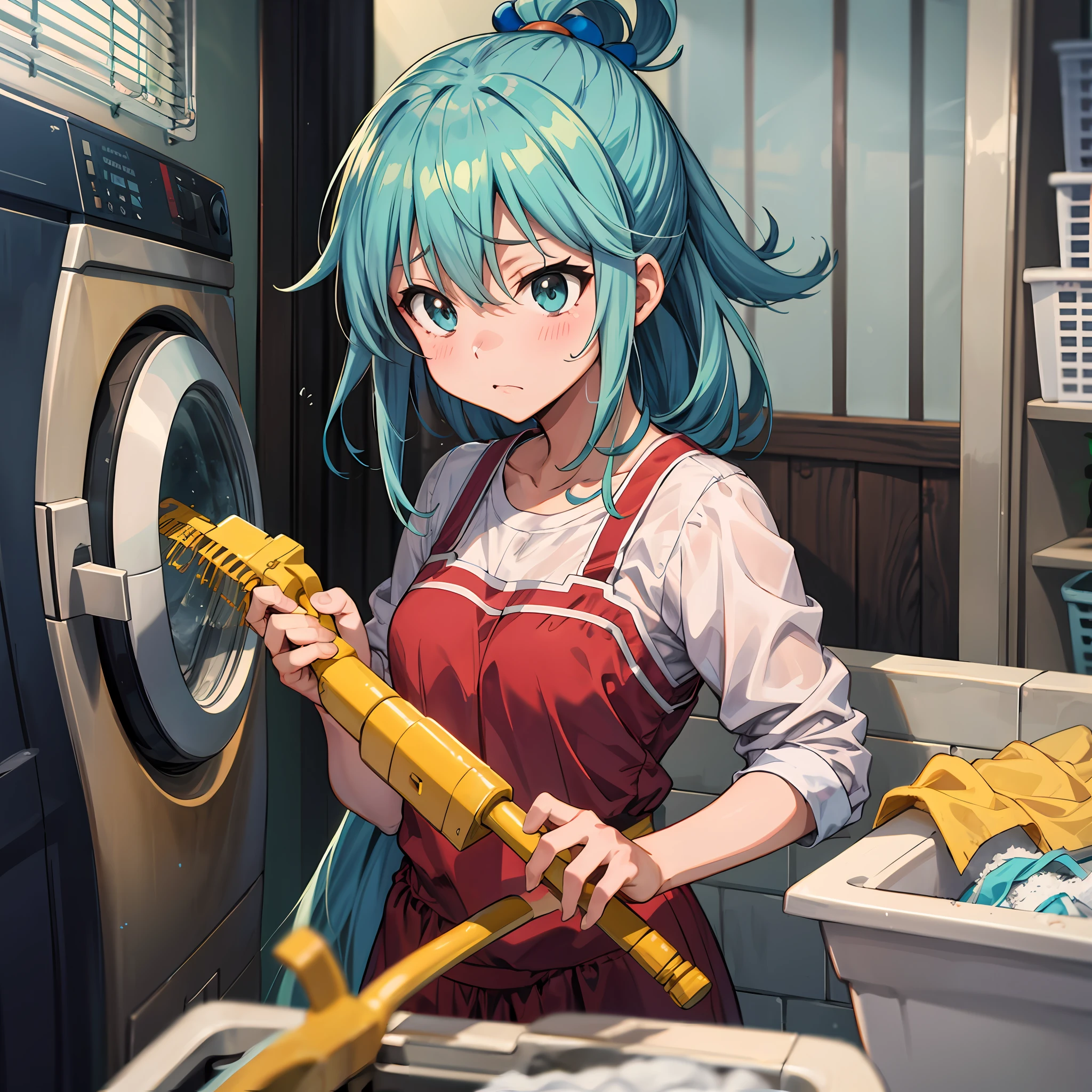 (melhor qualidade: 1.4), Anime Konosuba, sozinho, Aqua (cabelo longo) na lavanderia , washing clothes in the washing machine, triste, chorando