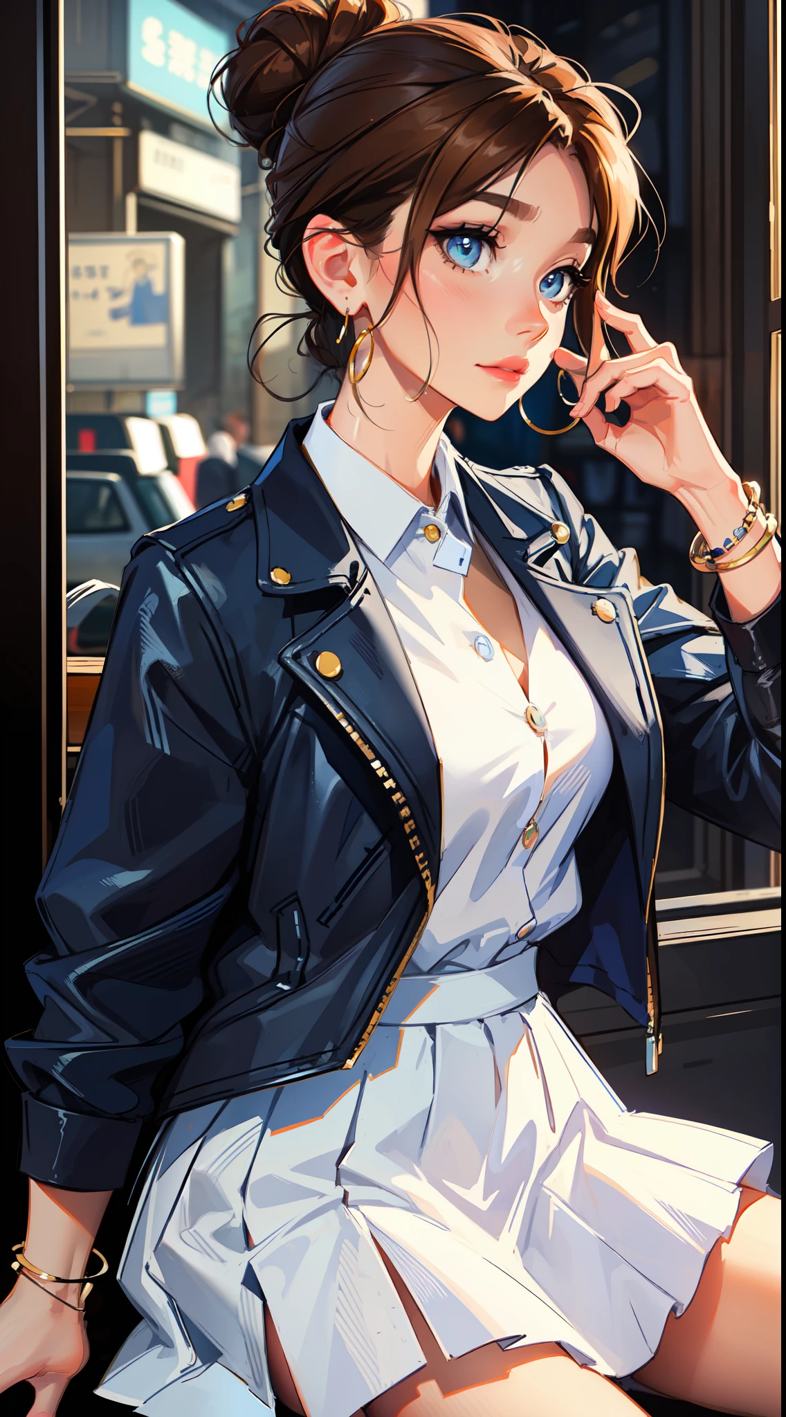 The environment is blurry and elegant, Model, High contrast required, jewels, earings, Upskirt, Shirt, jacket, brown hair, white shirt, A bracelet, hair bun, single hair bun, long skirt, closed mouth, Hoop earrings, blue jacket, sleeves rolled up, Revealing clothes, makeup, white skirt, Detailed hair, very detailed eyes