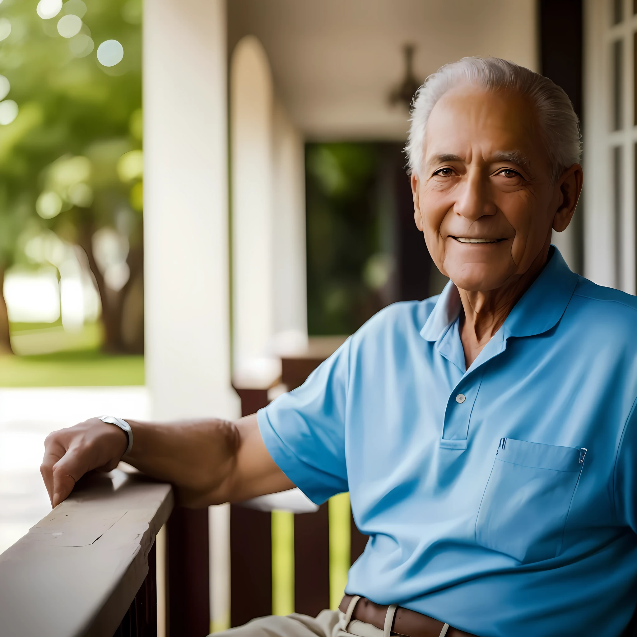 Homem sentado em uma varanda com uma camisa azul, foto de retrato detalhada, ele tem cerca de 8 0 anos de idade, foto de um homem, um homem de 80 anos, foto do retrato de um homem velho, 7 0 mm portrait, foto de retrato em close-up, Retrato no meio da foto, Retrato de 60mm, homem sorridente, Retrato de 50mm, imagem retrato