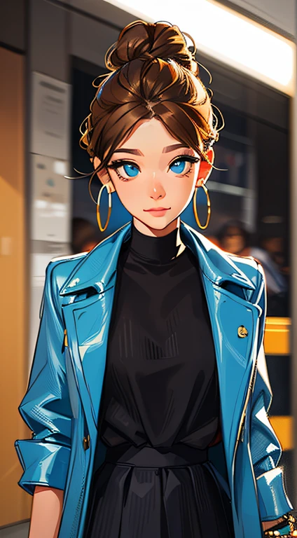 The environment is blurry and elegant, Model, High contrast required, jewels, earings, Upskirt, Shirt, jacket, brown hair, white  shirt, A bracelet, hair bun, single hair bun, long skirt, closed mouth, Hoop earrings, blue jacket, sleeves rolled up, Revealing clothes, makeup, white skirt, Detailed hair, very detailed eyes