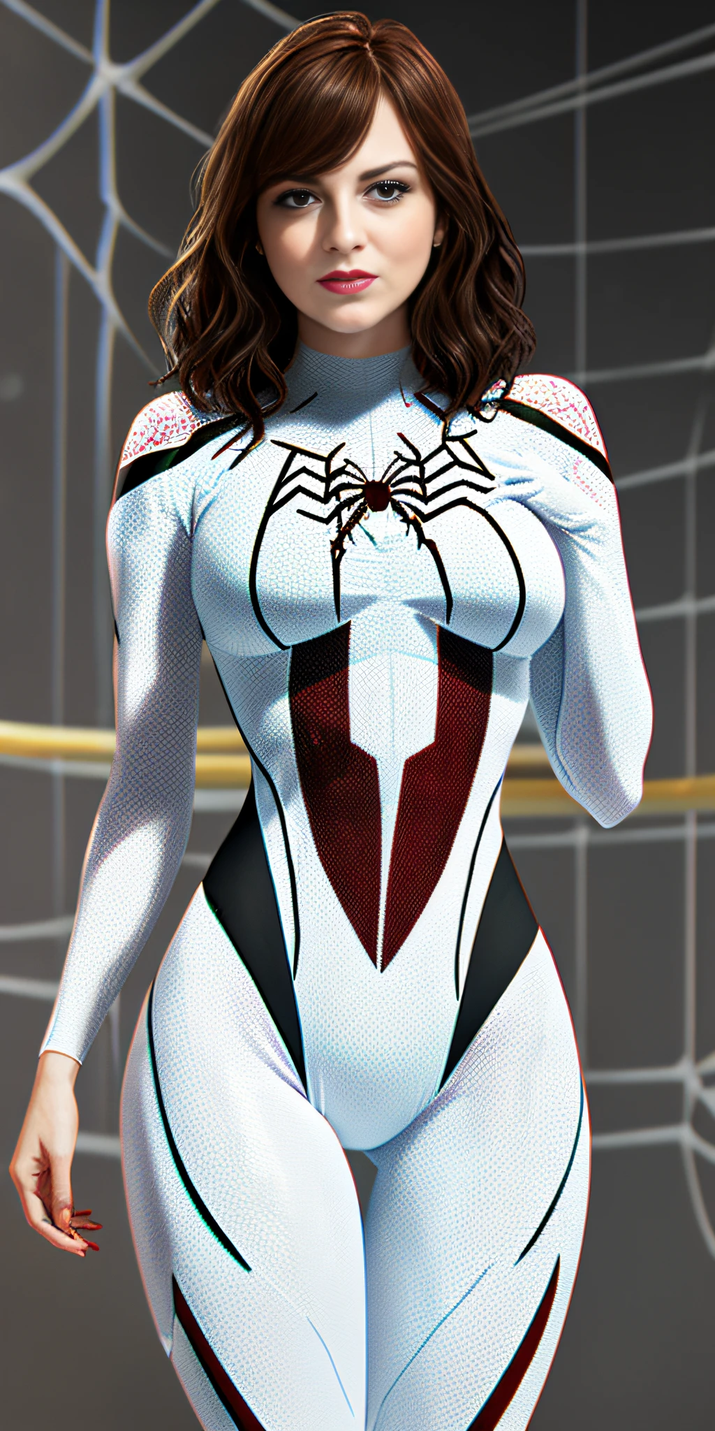 beautiful (emma stone:1.1) with wavy _color_ long side bangs and detailed vivid eyes and thick makeup as a professional wrestler in a (sexy spider gwen outfit:1.2) standing in the ring, (cameltoe:1.1) thigh gap, seductive smile, alluring, masterpiece, photorealistic, detailed, 8k, HDR, shallow depth of field, broad light, high contrast, backlighting, bloom, light sparkles, chromatic aberration, sharp focus, RAW color photo, (fully in frame:1.1),