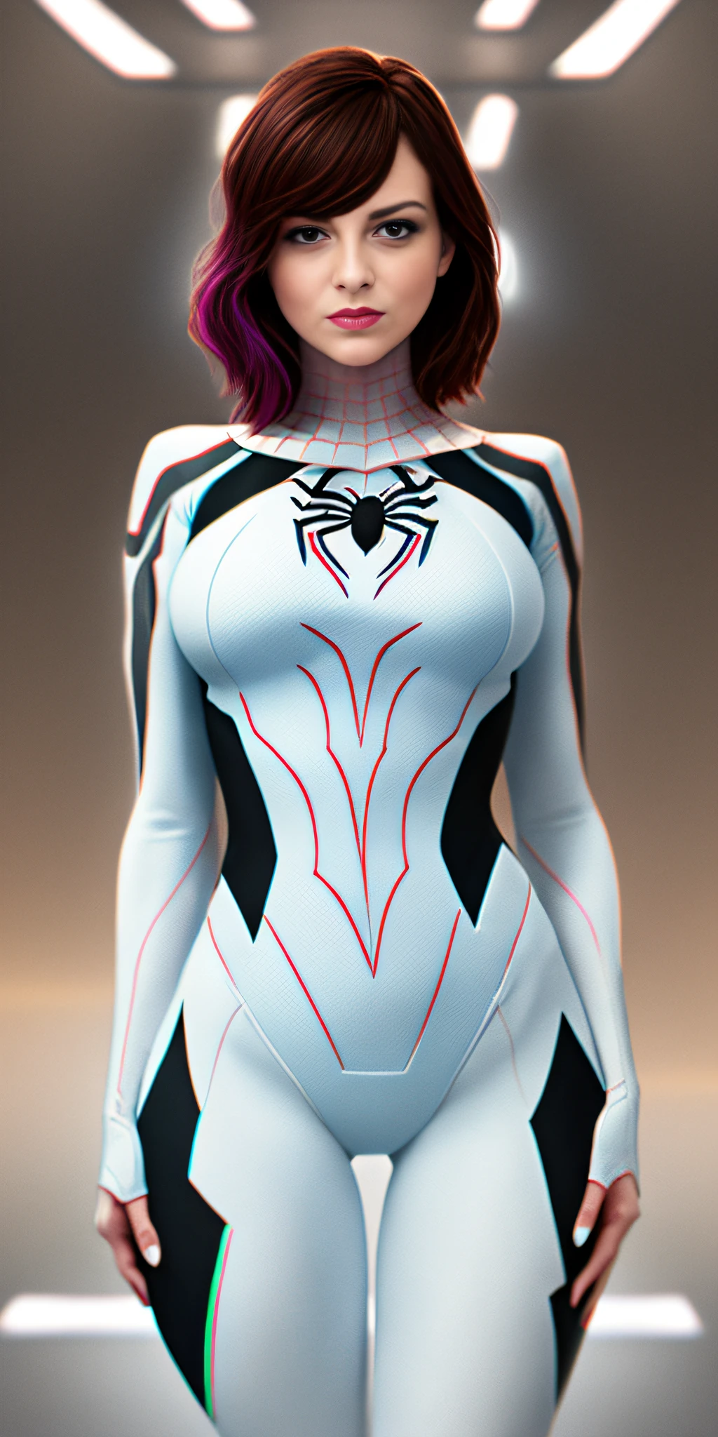 beautiful (emma stone:1.1) with wavy _color_ long side bangs and detailed vivid eyes and thick makeup as a professional wrestler in a (sexy spider gwen outfit:1.2) standing in the ring, (cameltoe:1.1) thigh gap, seductive smile, alluring, masterpiece, photorealistic, detailed, 8k, HDR, shallow depth of field, broad light, high contrast, backlighting, bloom, light sparkles, chromatic aberration, sharp focus, RAW color photo, (fully in frame:1.1),