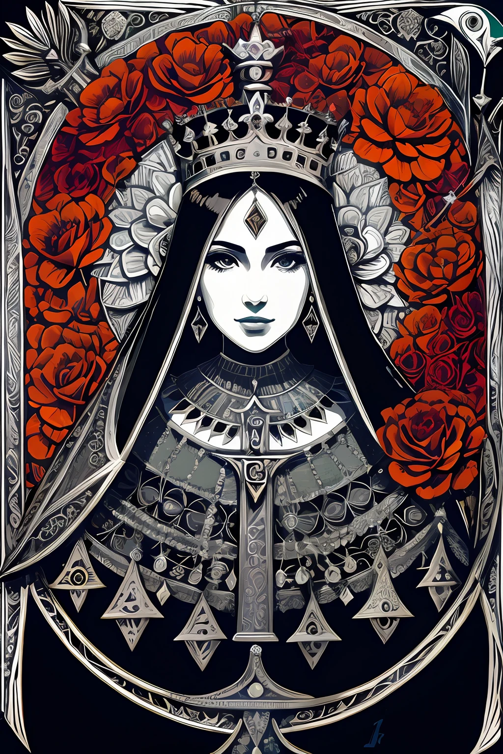um close up de uma mulher com uma coroa e rosas, deusa. Detalhes extremamente altos, Sacerdotisa, art deco flower shaman, sacerdotisa, A Alta Sacerdotisa, Retrato da princesa Zelda, she is the queen of black roses, Rainha das Flores, ((uma bela imperatriz fantasia)), uma bela imperatriz fantasia, Um retrato impressionante de uma deusa