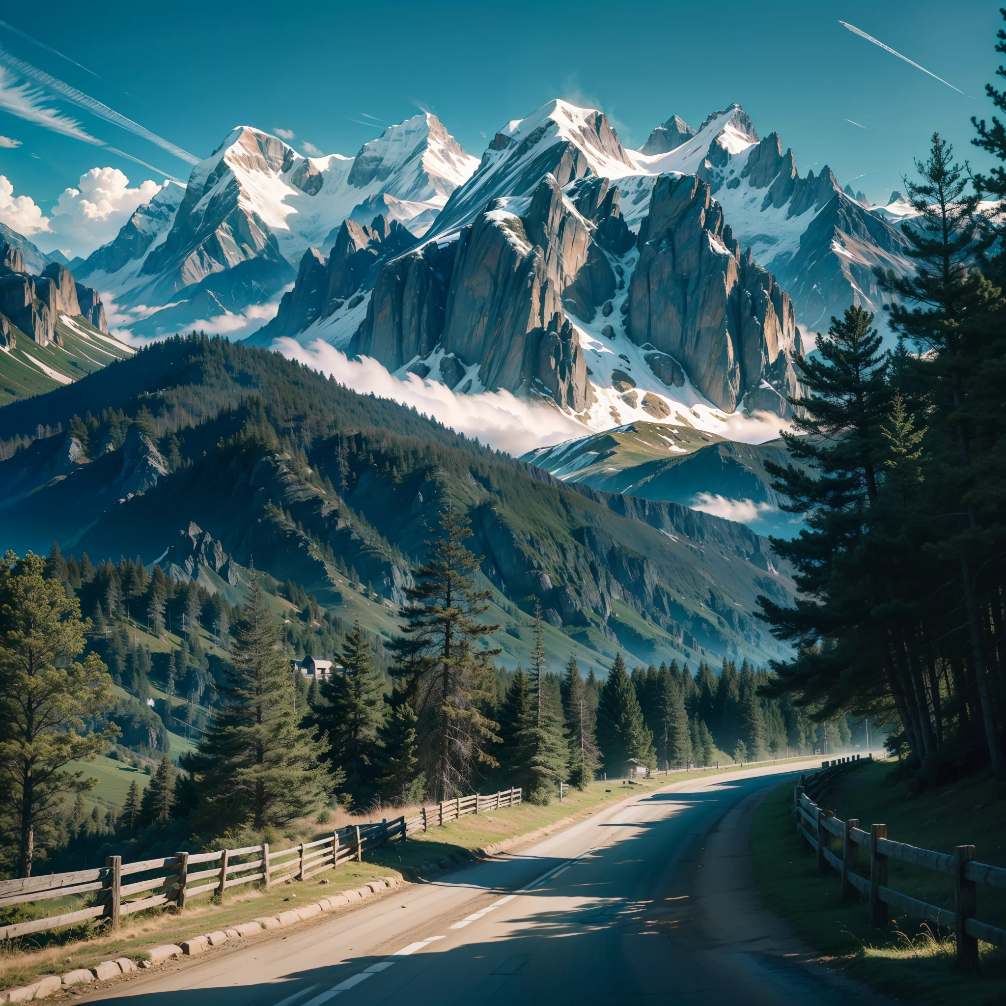 Panoramic images of a lush landscape with mountains, florestas e estradas empoeiradas