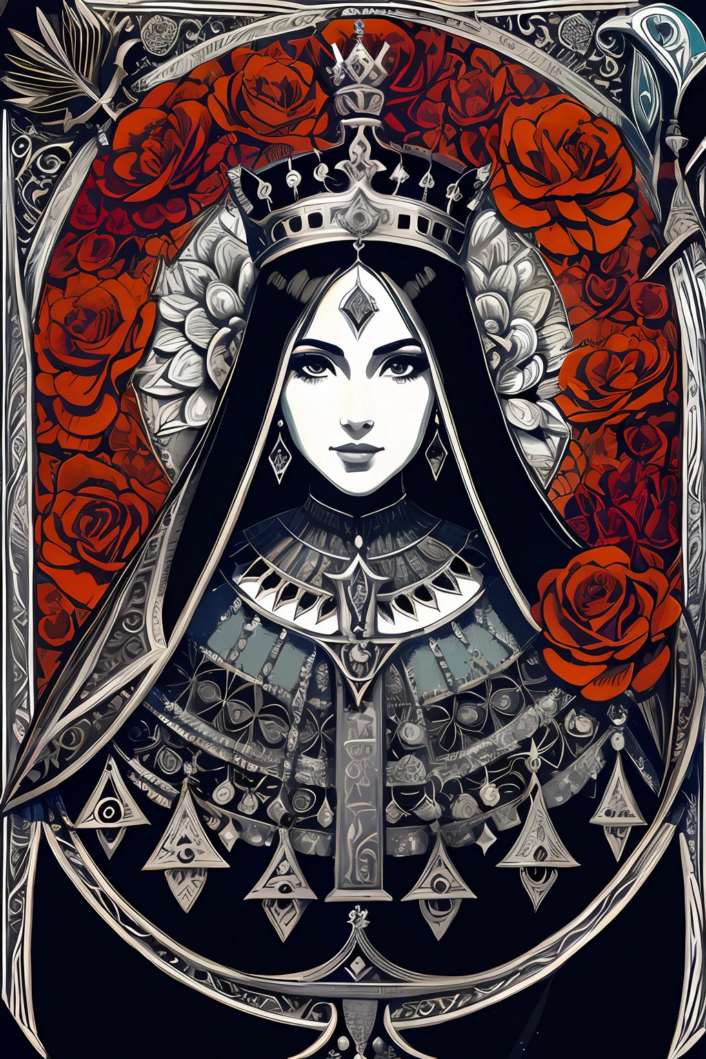 um close up de uma mulher com uma coroa e rosas, deusa. Detalhes extremamente altos, Sacerdotisa, art deco flower shaman, sacerdotisa, A Alta Sacerdotisa, Retrato da princesa Zelda, she is the queen of black roses, Rainha das Flores, ((uma bela imperatriz fantasia)), uma bela imperatriz fantasia, Um retrato impressionante de uma deusa