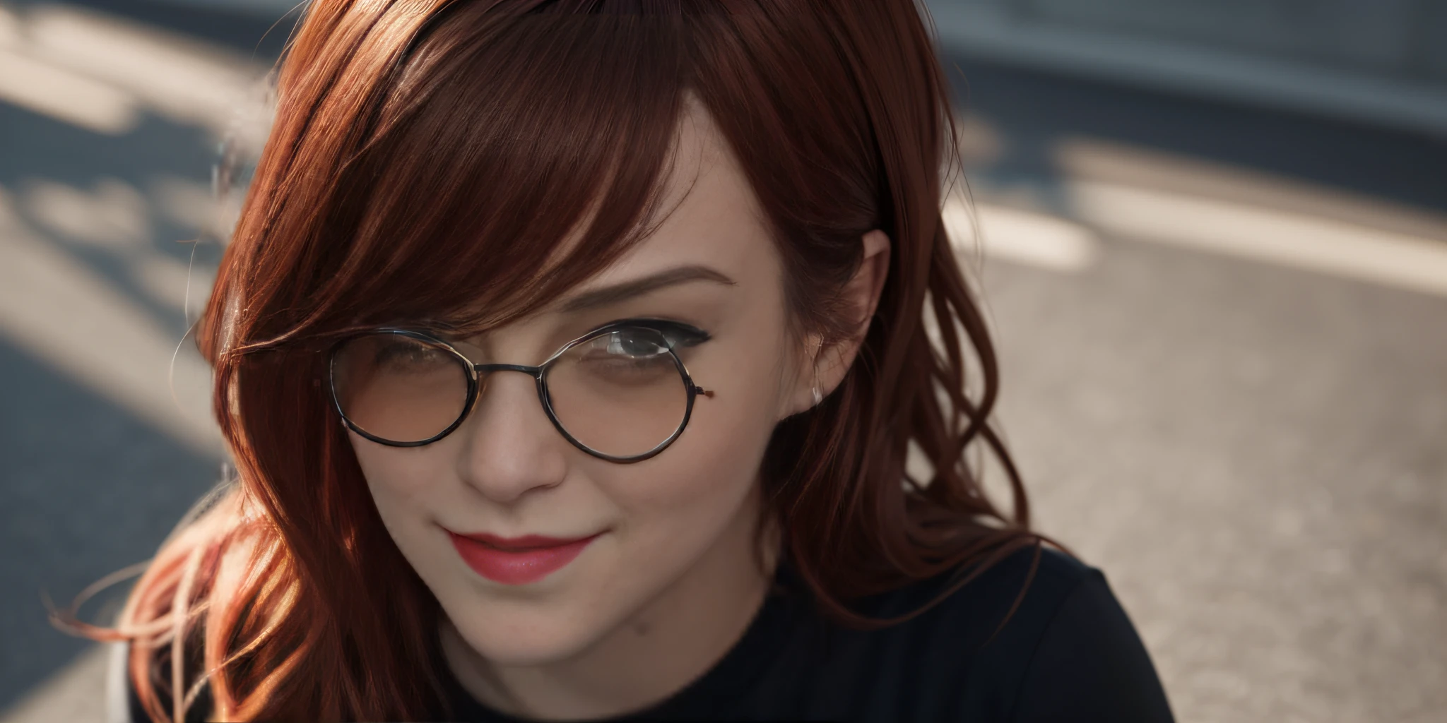 emma stone, masterpiece, best quality, portrait of woman, photorealistic, greg rutkowski, wlop, alphonse muncha, close up face, camera, facing camera, long red hair, smile, makoto shinkai shades of color, woman 30 years, hazelnut eyes, black t-shirt, outlined black, red lips, chubby, plump
