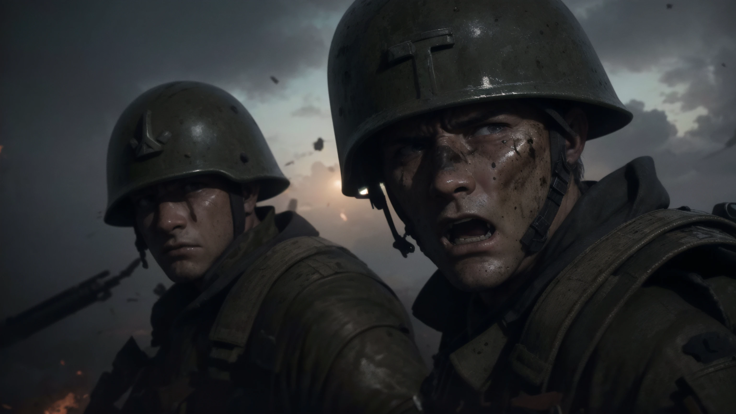 photorealistic, highest quality, RAW photo, cinematic composition, (panoramic shot of a great battlefield:1.2) in World War II, great explosions everywhere, tracer bullets, shrapnel, destroyed vehicles along the battlefield, vehicles impacted by bombs, in the distance a terrified soldier's face reflects the horror of bombs exploding all around him, his face unhinged in terror, running, World War II helmet|weapon|uniform|boots|vehicles|tanks, dynamic poses, abundant details, intricate details, subsurface scattering, volumetric shadows, sharp focus, 8k, highly detailed, UHD, HDR, dynamic face expression, (extremely high facial expressiveness:1.3), soldiers running at distance, dirt,