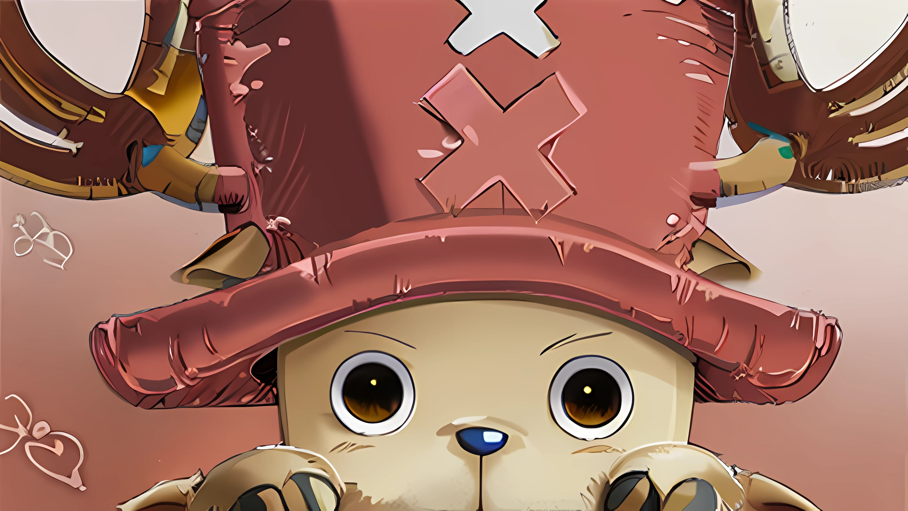 realistic anime artstyle, oil paint, chopper, one piece, detailed eye, servant, furry, pink hat