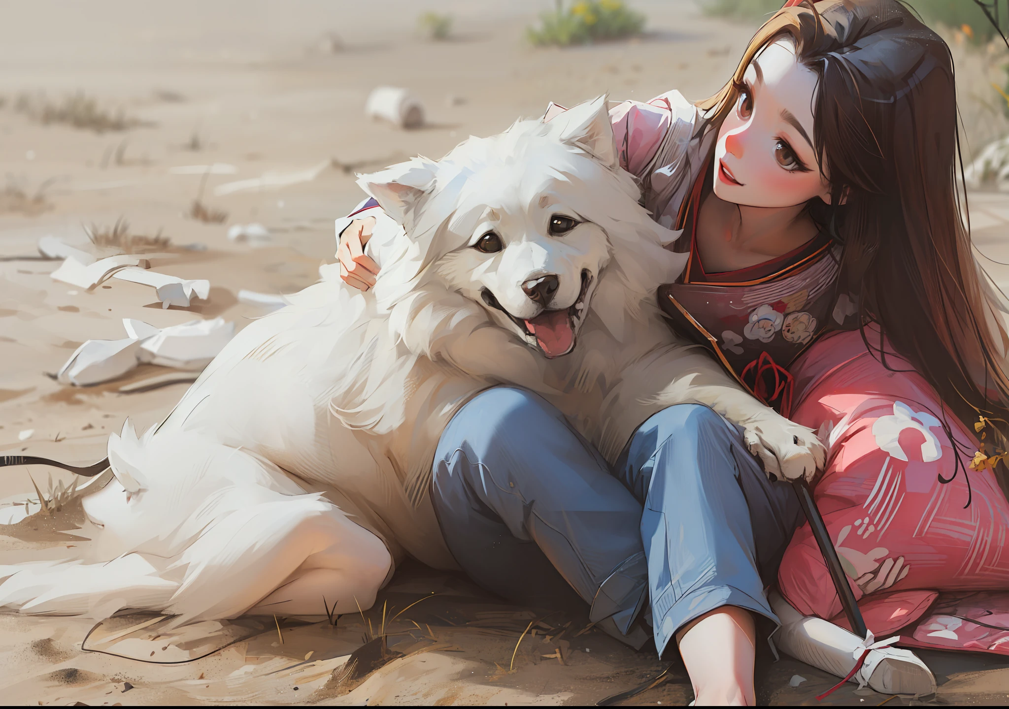 White dog and woman、small white dog at her side、Korean female、I'm wearing chimachogori、Korean style makeup、Beautiful young Korean woman、Cute young korean woman puppy、Pomeranian、Young Asian Woman、Asian Women、prety dog、white fluffy fur、japanese dog、asian female、pet animal、asian female、happy facial expression