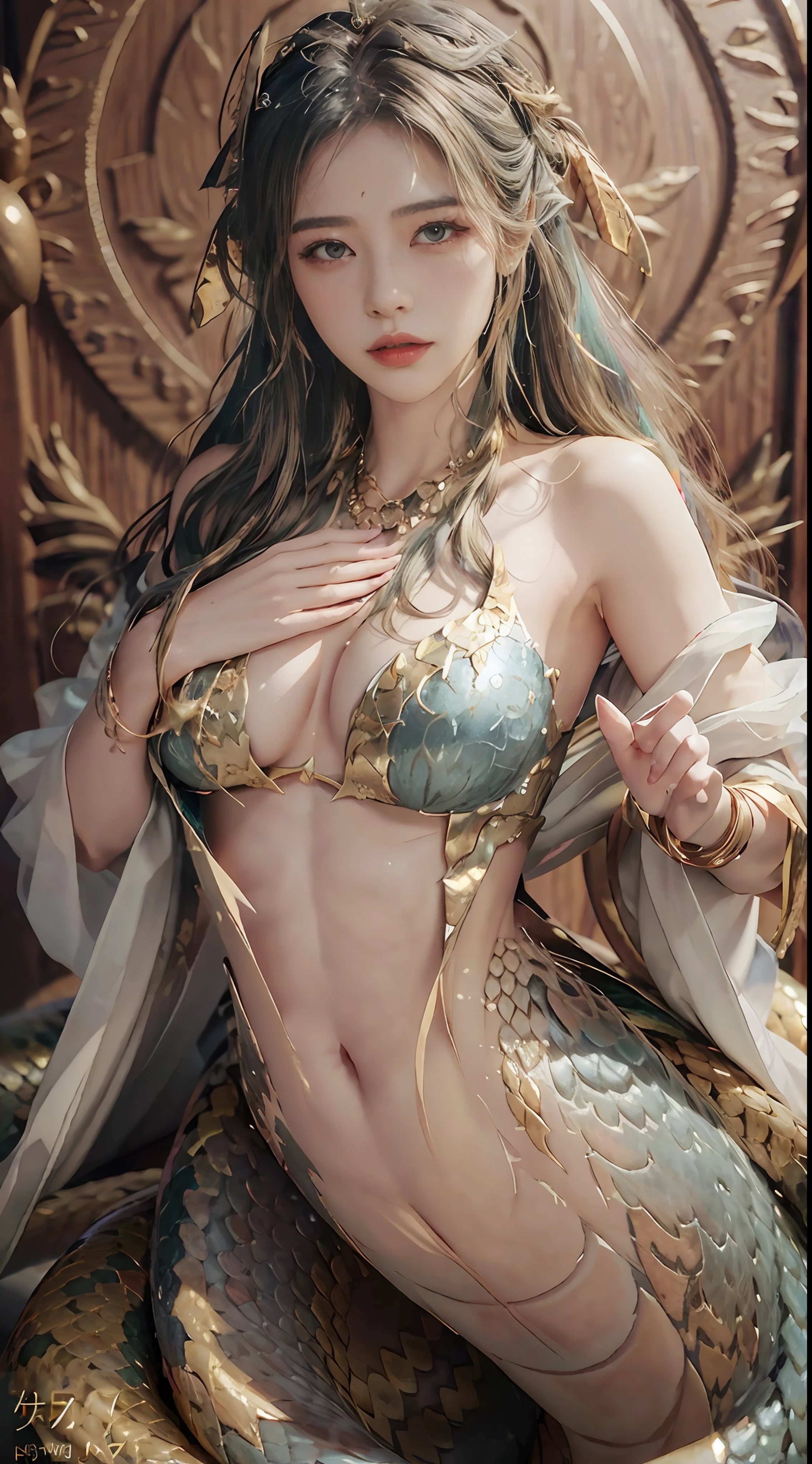 Dunhuang style，Lots of tulle streamers，A beautiful woman covered in golden scales，(mermaid:1.2), (Snake tail:1.3)，8K  UHD，RAW photo，（Python pattern），(Crystal clear scales)golden colored，(Real Human:1.3)，(A high resolution:1.4)，(A detailed:1.5)，(photorealestic:1.7)，RAW photo，Portrait Photogram，cabellos largos dorados，Skin is delicate and smooth，Full breasts，Bare body，Silk tulle coat，（Lamia），RAW photo，超A high resolution，Foto realism，best qualtiy，(highdetailskin，skin detailed)，Visible Pore，Shiny skin，tmasterpiece，finedetail，Colorization，Extremely Delicately Beautiful，Extremely detailed 8k wallpaper，8K high quality，Digital SLR，The beauty of Dunhuang and beautiful details，(looking at viewert)，professional photograph lighting，Faraway view，full bodyesbian