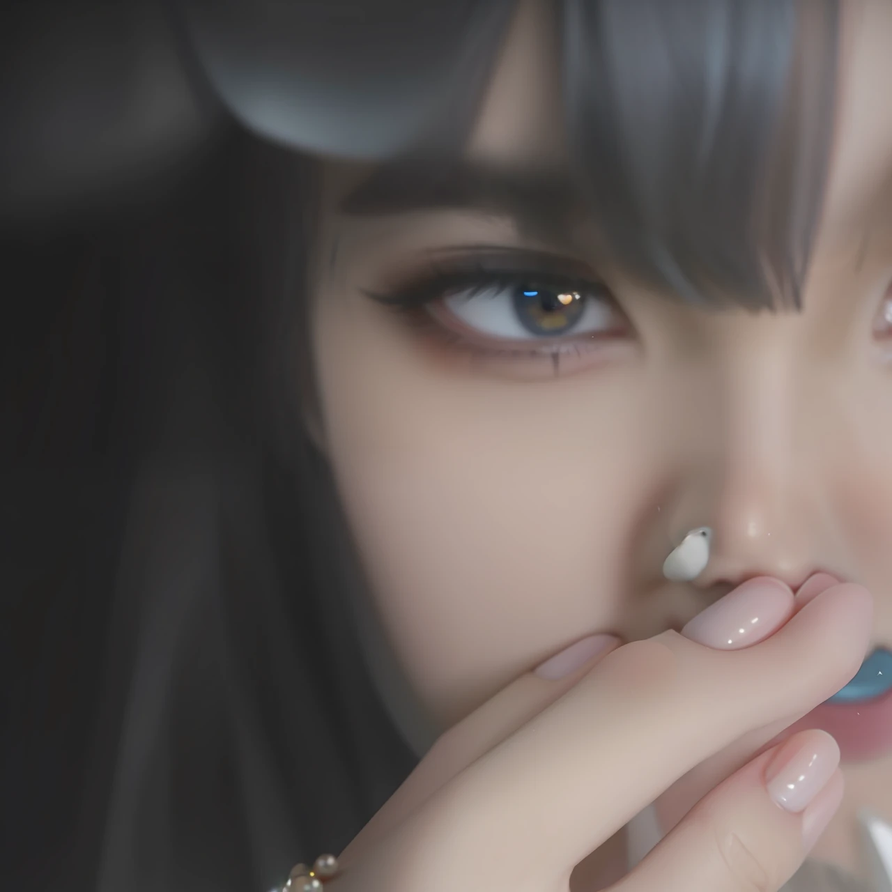 mulher arafed com unhas pretas e um anel no dedo, anime vibes, com olhos negros, Filmagens de baixa qualidade, extremely close shot, com olhos furantes ansiosos, ████████, a partir de 8 k matte, anime. soft lighting, luz suave.4k, inspirado em Ayami Kojima, 🤤 retrato da --auto