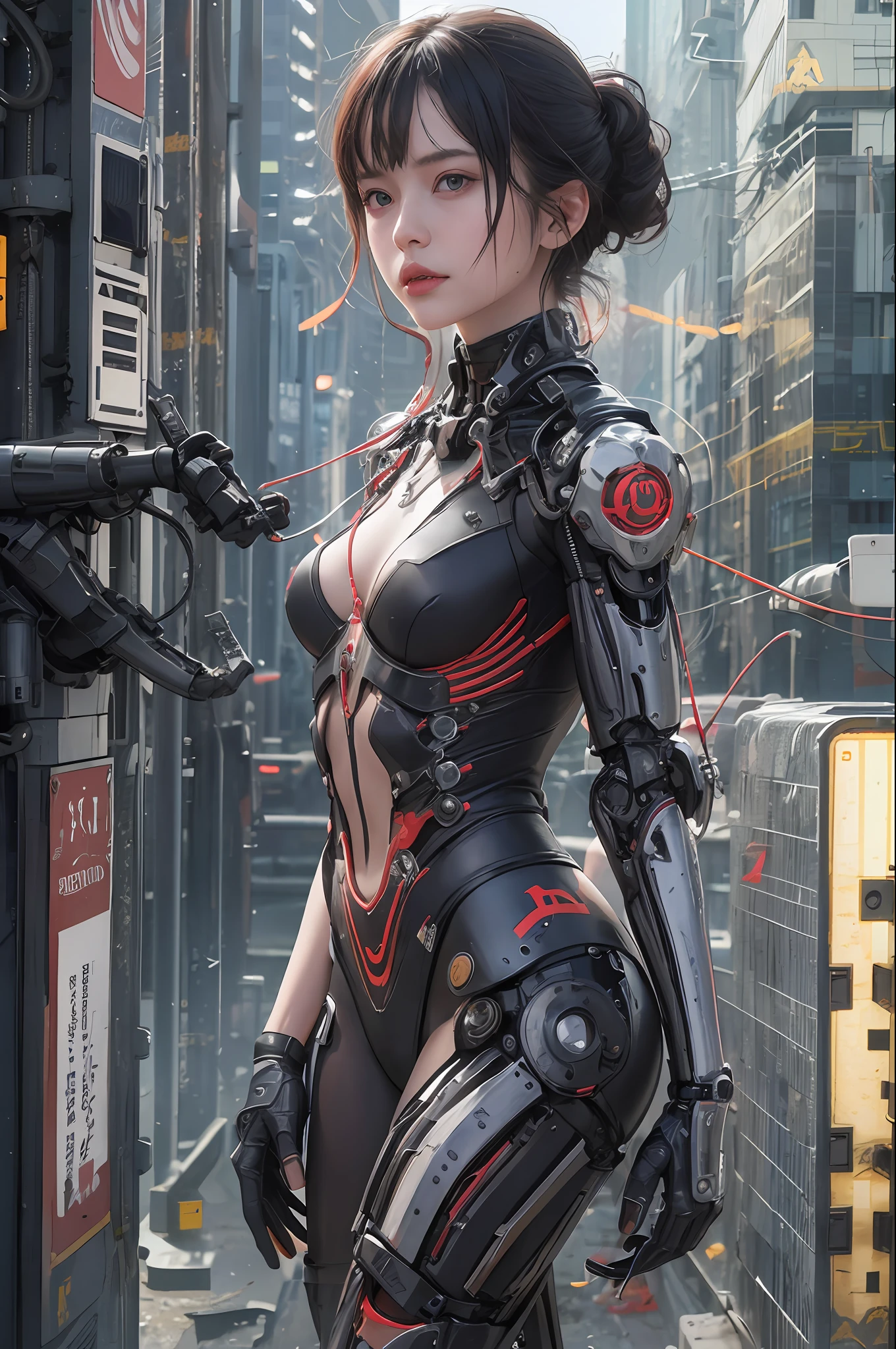 Top Quality, Masterpiece, Ultra High Resolution, (Photorealistic: 1.4), Raw Photo, 1 cyberpunk Girl, Glossy Skin, 1 Mechanical Girl, (Ultra Realistic Detail)), (((Full body shot))), Global Illumination, Contrast, Shadows, Octane Rendering, 8K, Ultra Sharp, Raw Skin, Metal, Intricate Ornament Details, Japan Details, Very intricate details, realistic light, CGSoation trend, facing the camera, neon details, mechanical limbs, blood vessels connected to the tube, mechanical vertebrae attached to the back, mechanical cervical attachment to the neck, wires and cables connecting to the head, gundam, small LED lamps.