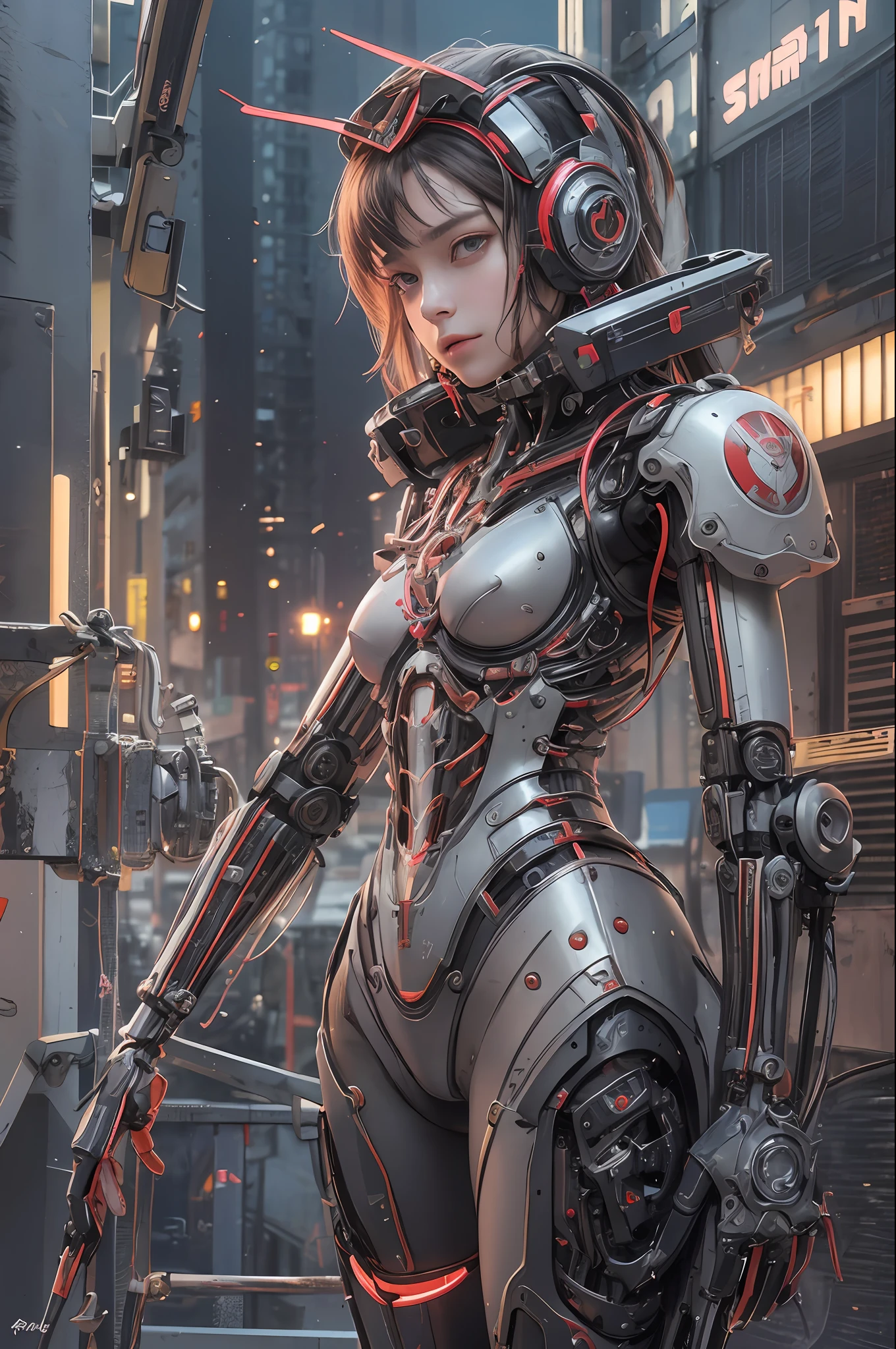 Top Quality, Masterpiece, Ultra High Resolution, (Photorealistic: 1.4), Raw Photo, 1 cyberpunk Girl, Glossy Skin, 1 Mechanical Girl, (Ultra Realistic Detail)), (((Full body shot))), Global Illumination, Contrast, Shadows, Octane Rendering, 8K, Ultra Sharp, Raw Skin, Metal, Intricate Ornament Details, Japan Details, Very intricate details, realistic light, CGSoation trend, facing the camera, neon details, mechanical limbs, blood vessels connected to the tube, mechanical vertebrae attached to the back, mechanical cervical attachment to the neck, wires and cables connecting to the head, gundam, small LED lamps.