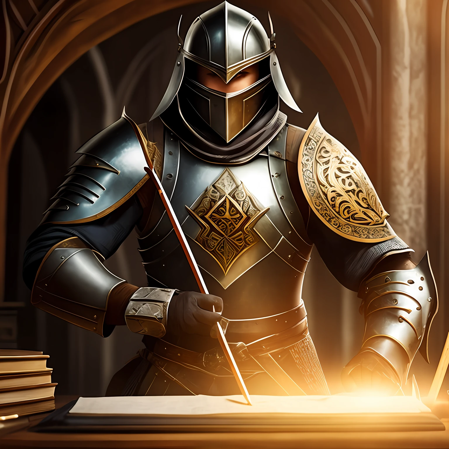 A warrior in medieval armor with a charismatic countenance fiddling with a computer