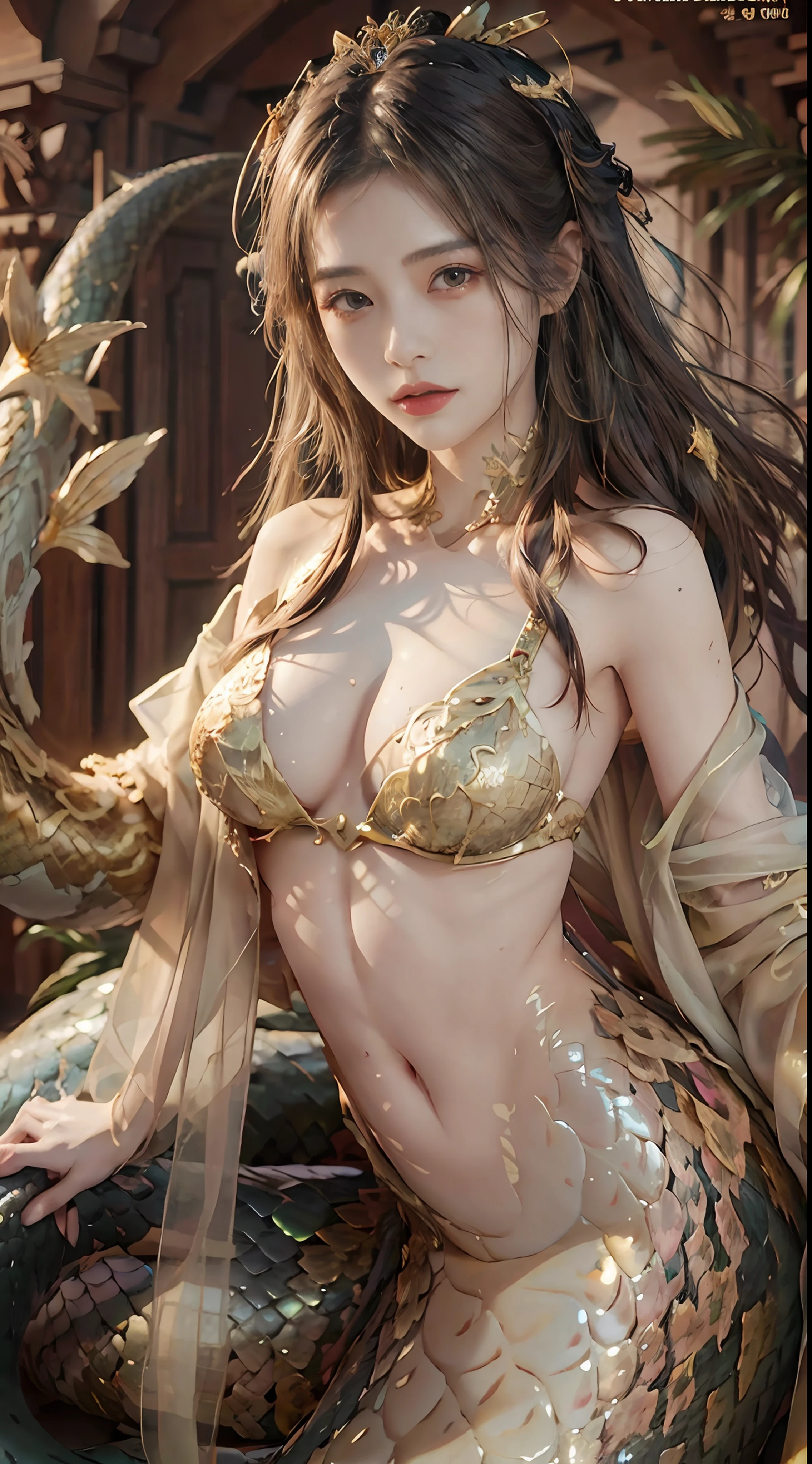 Dunhuang style,Lots of tulle streamers,A beautiful woman covered in golden scales,(mermaid:1.2), (Snake tail:1.3),8K UHD,RAW photo,(Python pattern),(Crystal clear scales)golden colored,(Real Human:1.3),(A high resolution:1.4),(A detailed:1.5),(photorealestic:1.7),RAW photo,Portrait Photogram,cabellos largos dorados,Skin is delicate and smooth,Full breasts,Bare body,Silk tulle coat,(Lamia),RAW photo,超A high resolution,Foto realism,best qualtiy,(highdetailskin,skin detailed),Visible Pore,Shiny skin,tmasterpiece,finedetail,Colorization,Extremely Delicately Beautiful,Extremely detailed 8k wallpaper,8K high quality,Digital SLR,The beauty of Dunhuang and beautiful details,(looking at viewert),professional photograph lighting,Faraway view,full bodyesbian