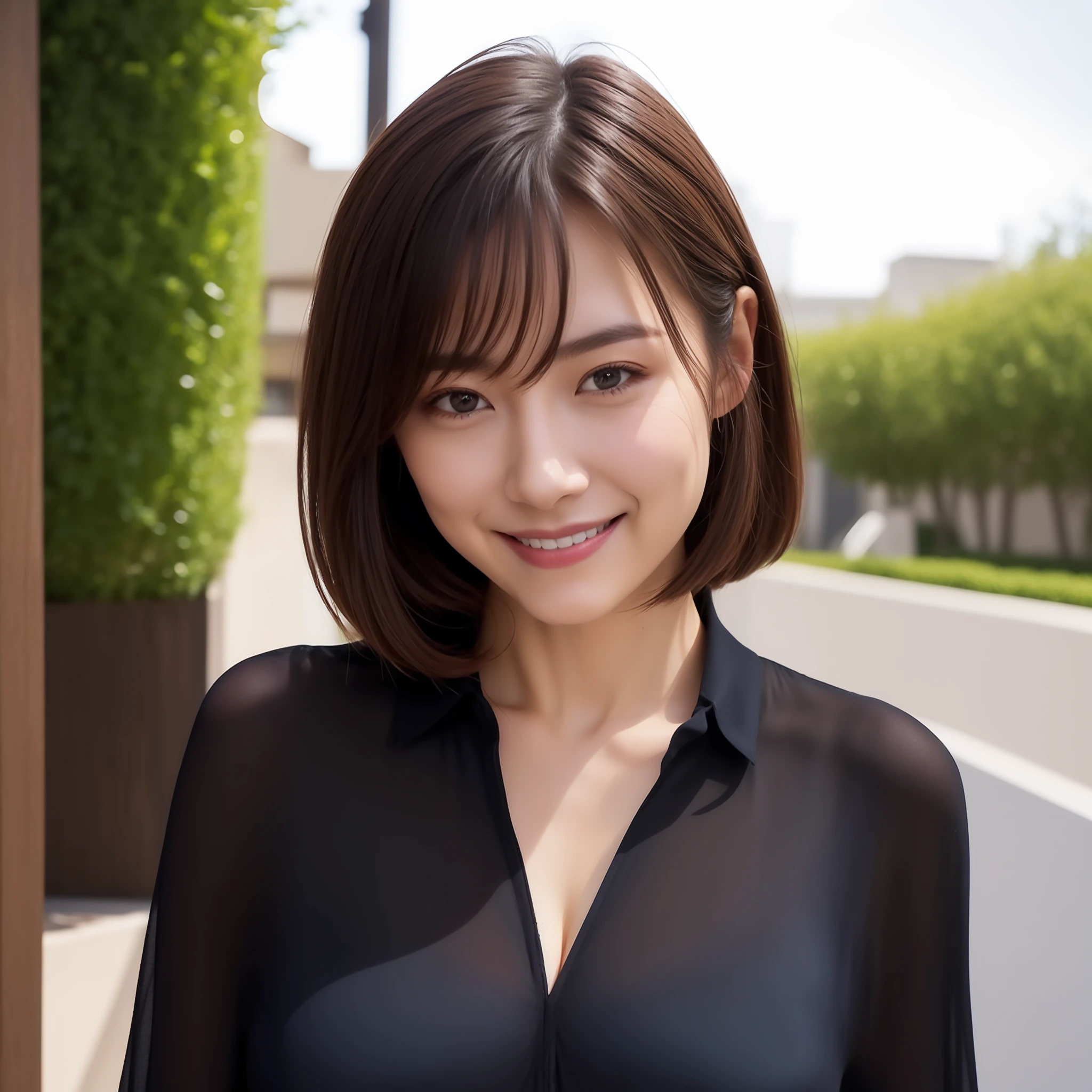 Smiling smile、Underwear、Thin sheer fabric off-shoulder knit shirt、Beige bra、Lace Bra、D Cup Breasts、Cleavage emphasis