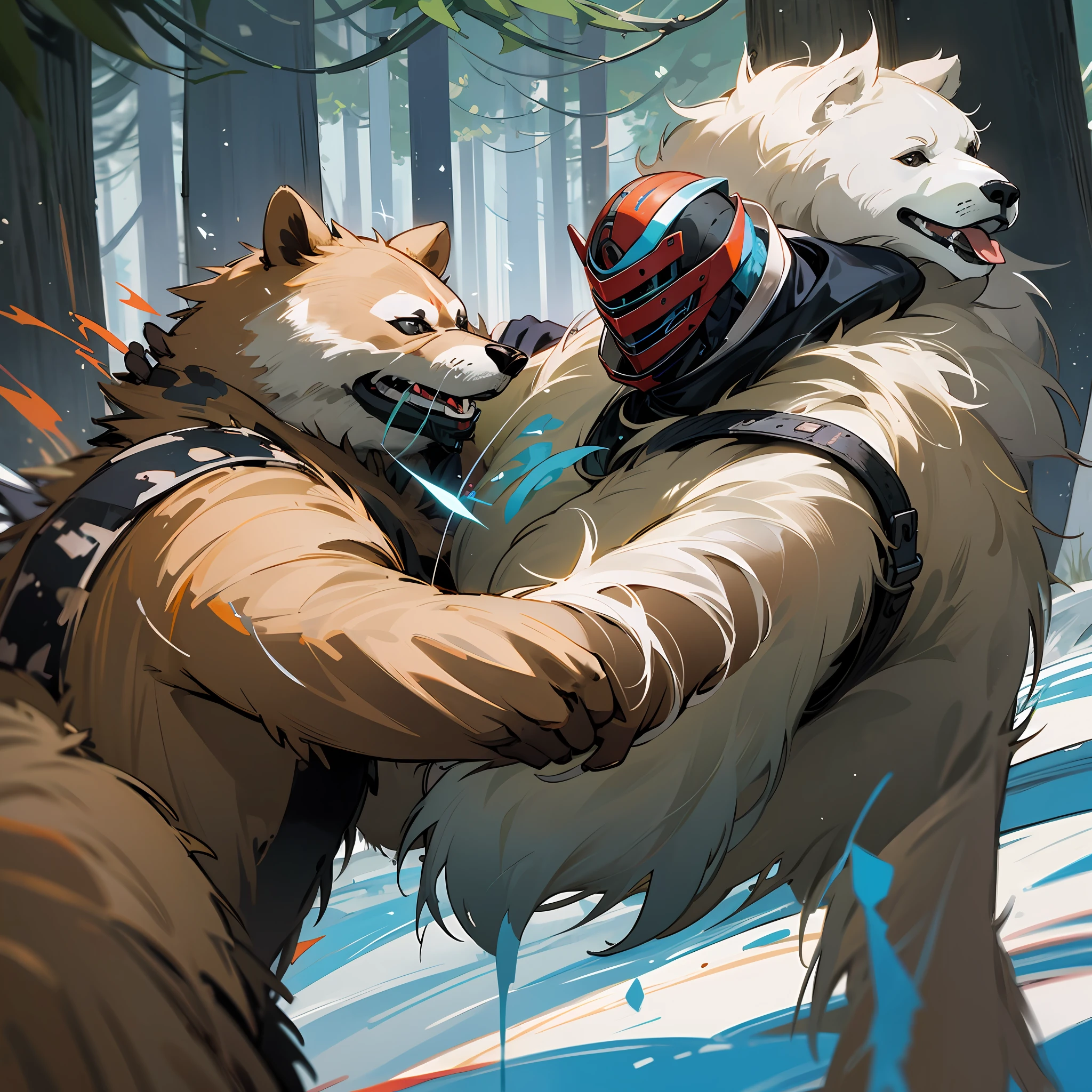 Obra prima, melhor qualidade, ultra detalhado, um grande urso polar branco, lutando, combatendo, homem em armadura prateada, combate entre homen e urso, em uma floresta nevada. --auto