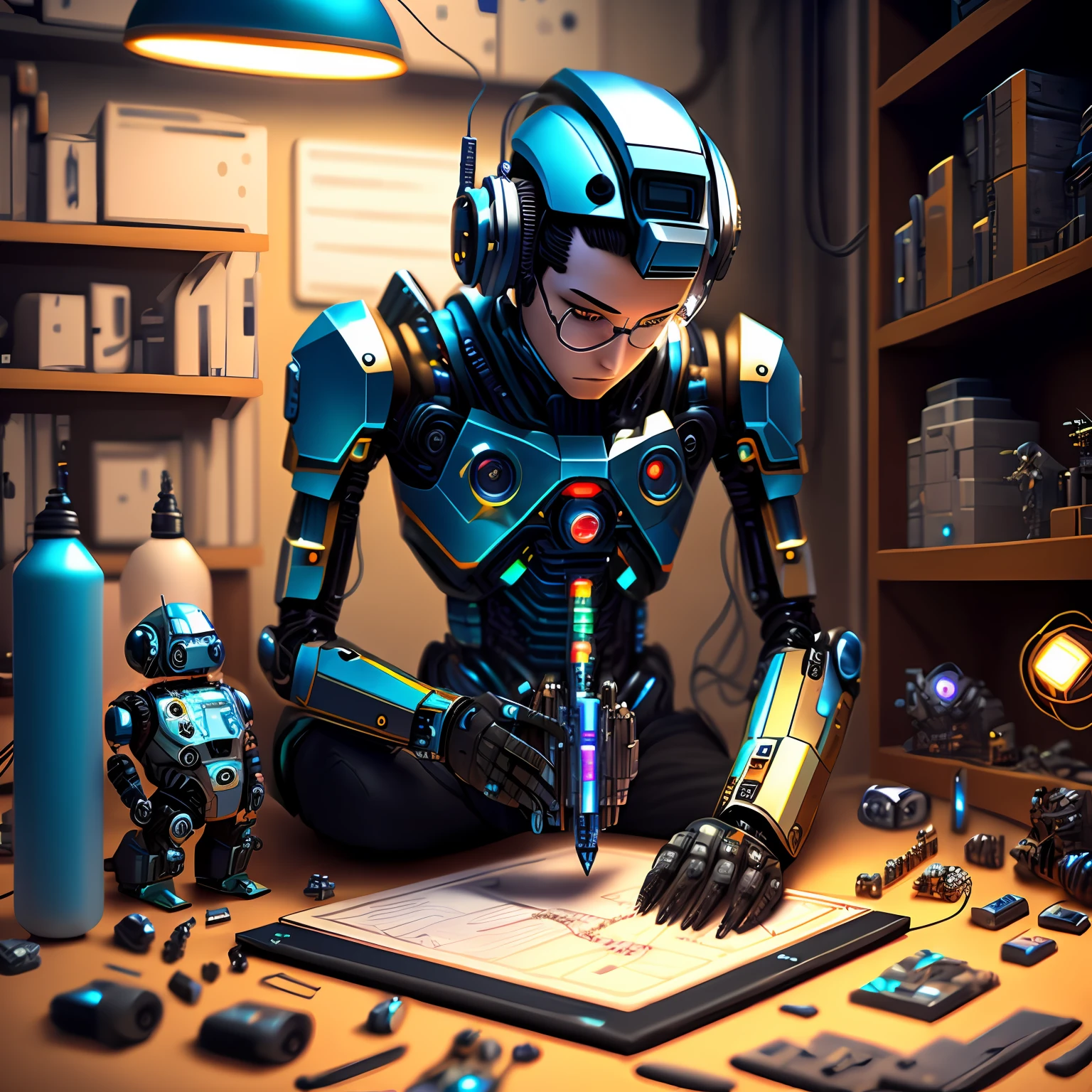 Design an android engineer, complete with interchangeable mechanical limbs and a head
full of holographic schematics, working on repairing and improving other androids in a
cluttered workshop. --auto