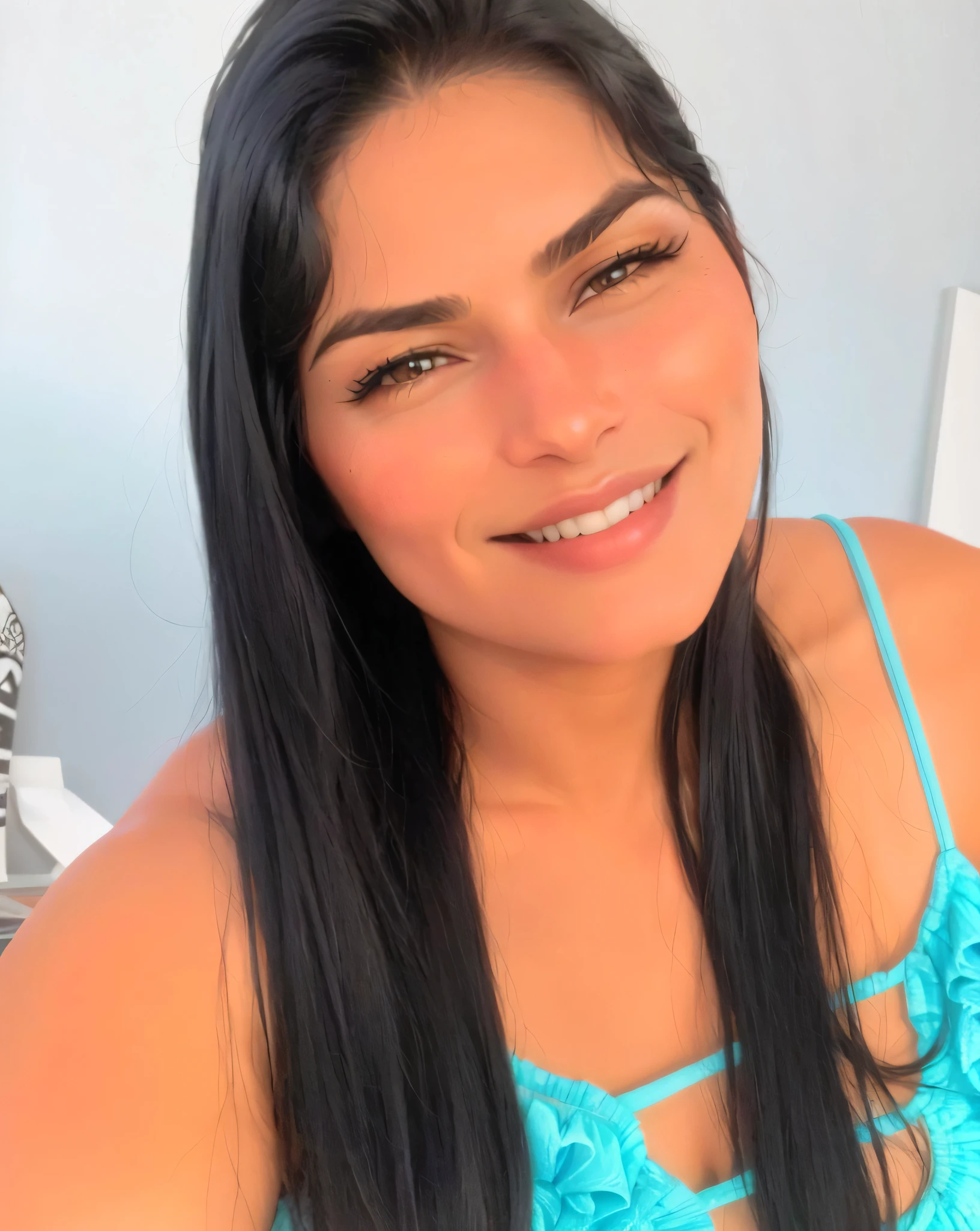 mulher sorridente com cabelo preto longo e top azul sentado em uma cama, Alanis Guillen, Lorena Avarez, imagem de perfil, 3 0 anos de idade mulher, Mulher de 30 anos, Ayahausca, Mulher de 30 anos de Cuba, Violeta Myers, Mulher mexicana bonita, mulher mexicana bronzeada bonita, Karla Ortiz, 38 anos
