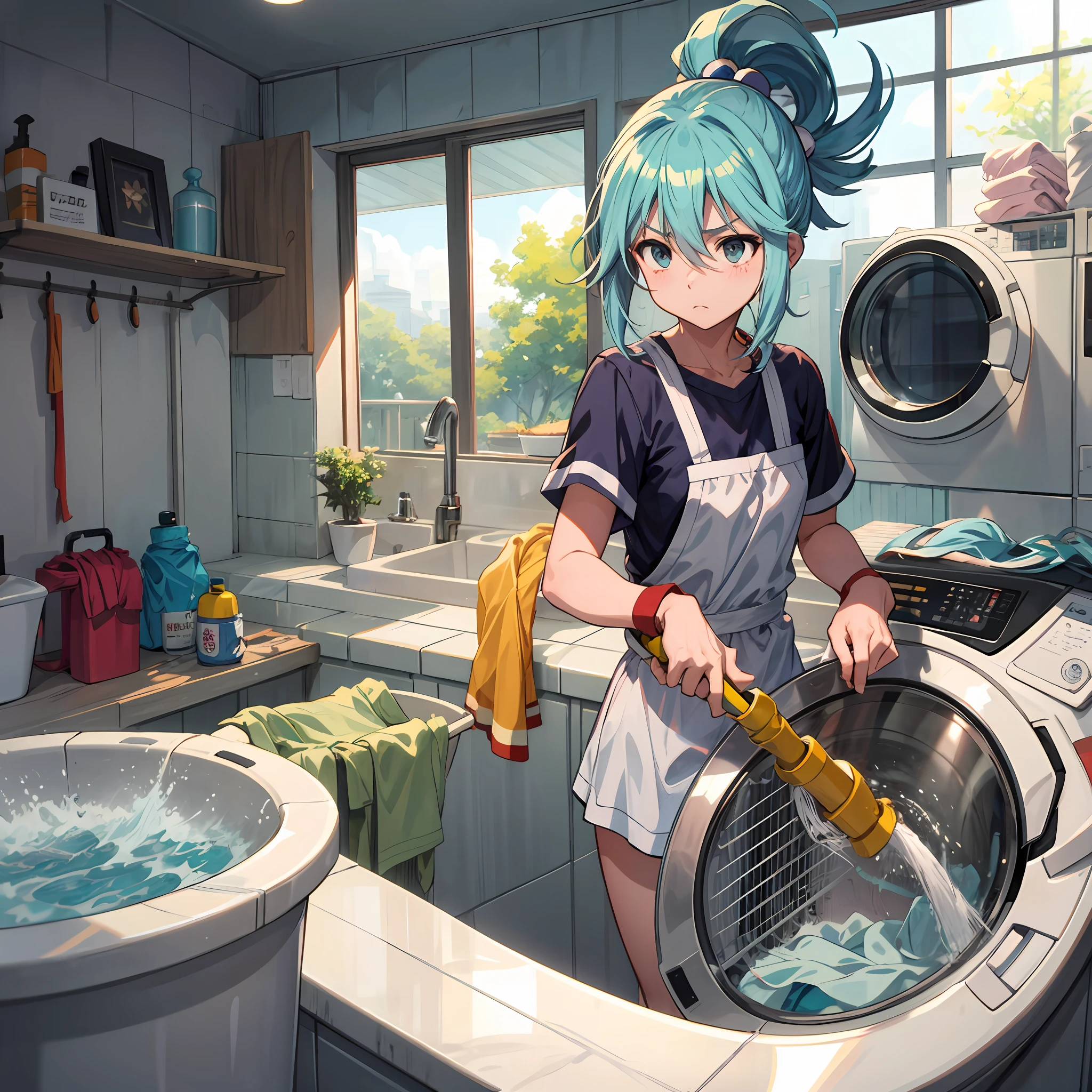 (melhor qualidade: 1.4), Anime Konosuba, sozinho, Aqua (cabelo longo) na lavanderia , washing clothes in the washing machine, triste, chorando, roupa molhada