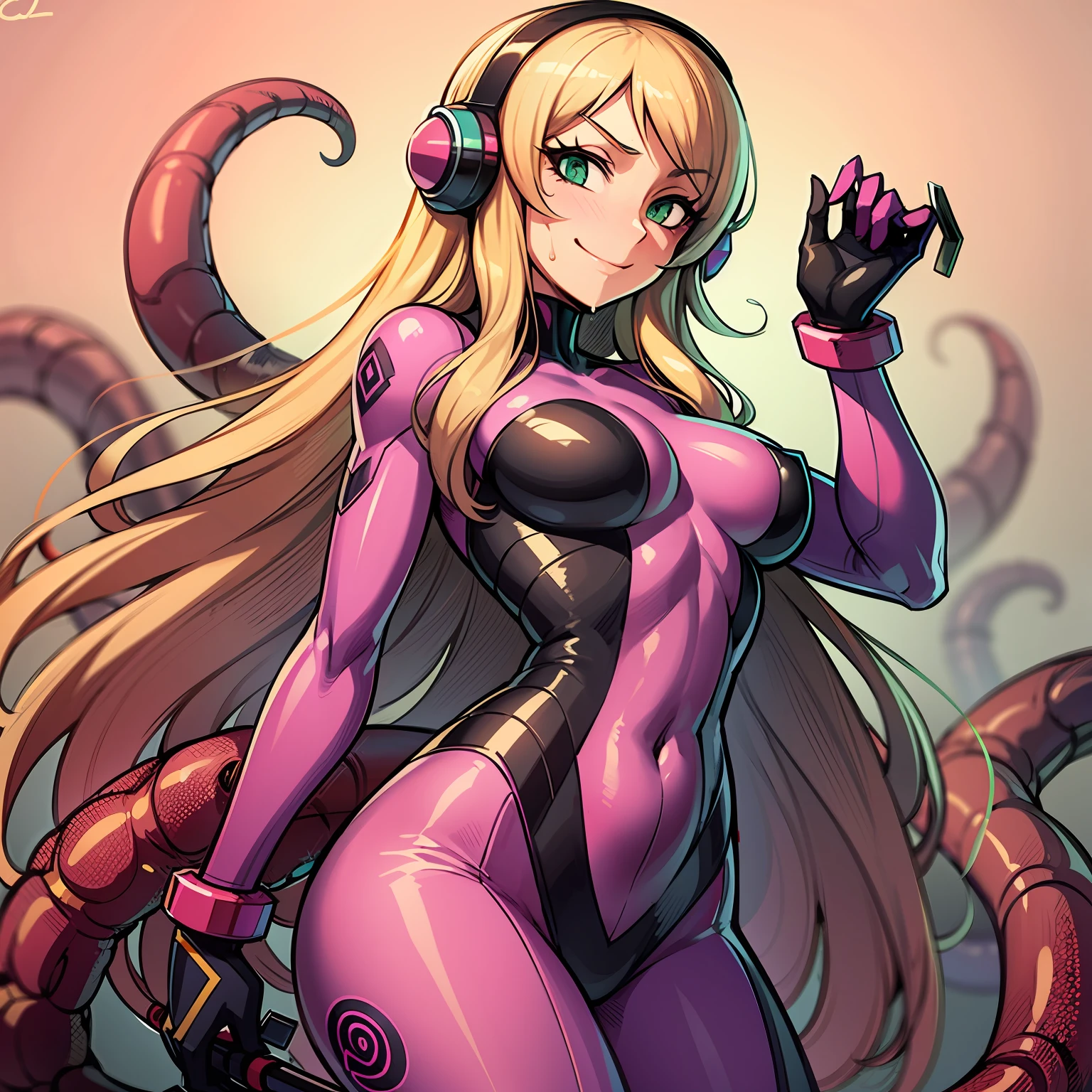 Woman wearing hot water dripping tentacles、evil smile、Lustrous tentacles、Cel Shade Adult Animation、Metroid Suit、The long-haired