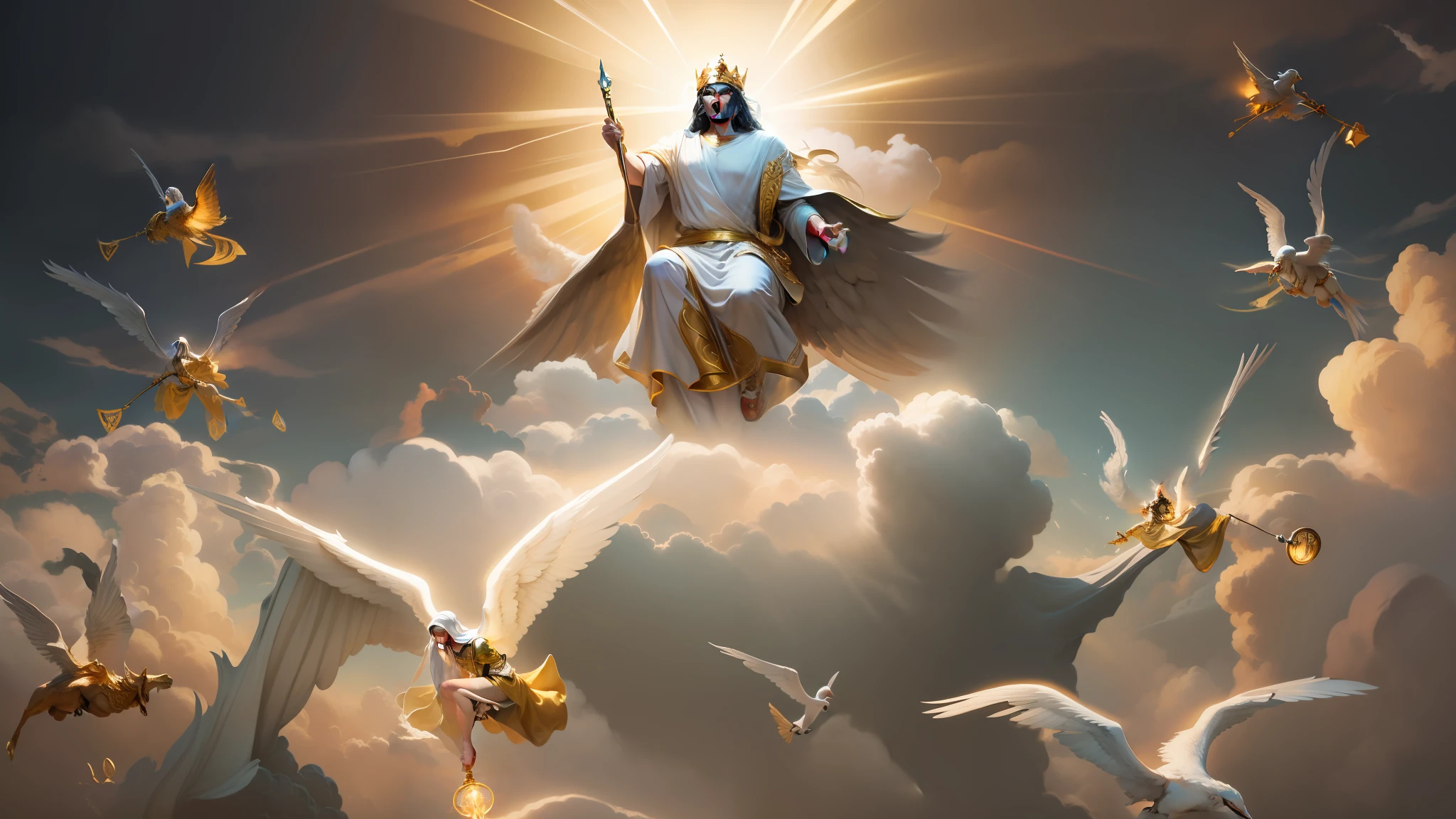 a painting of a man with a white cloak flying over a sky full of clouds, Retrato de um Deus Celestial, O Deus Imperador da Humanidade, Jovem Deus Todo-Poderoso, arte conceitual de deus, godly and ethereal, epic biblical representation, she is arriving heaven, KING of Heaven, gold gates of heaven!!!!!!!!, biblical accurate angel, deus divino, deus imperador, rei o divino dos deuses