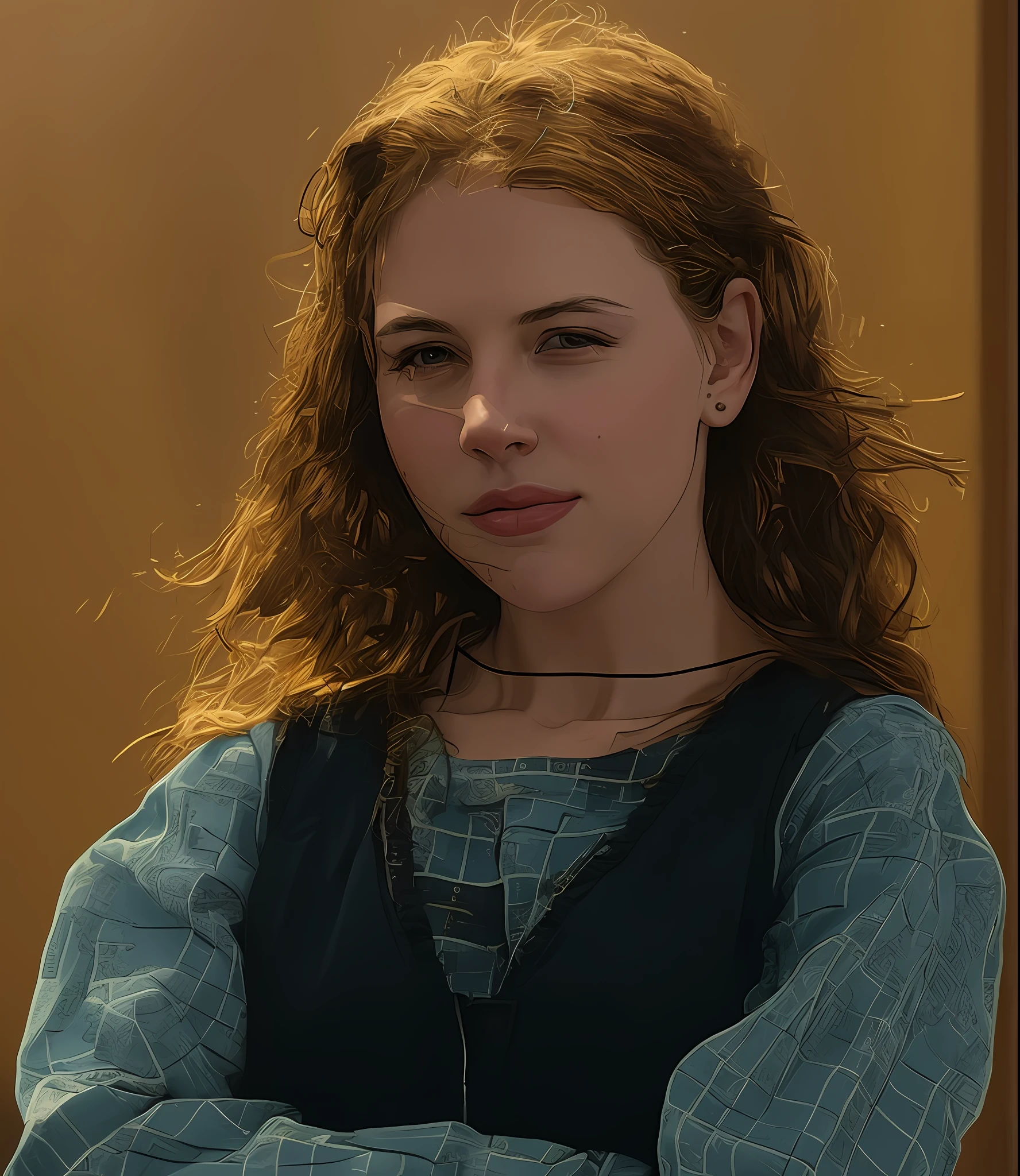 There's a young woman in a plaid shirt and a blue apron, Jovem Nicole Kidman, Jovem Scarlett Johansson, Rebecca Romijn como Dorothy, Ambientado em 1998, salgueiro 1 9 8 5, inspirado em Rhea Carmi, Foto colorida dos anos 90, Jovem Natalie Portman, Ambientado em 1999, Parece a jovem Liv Tyler
