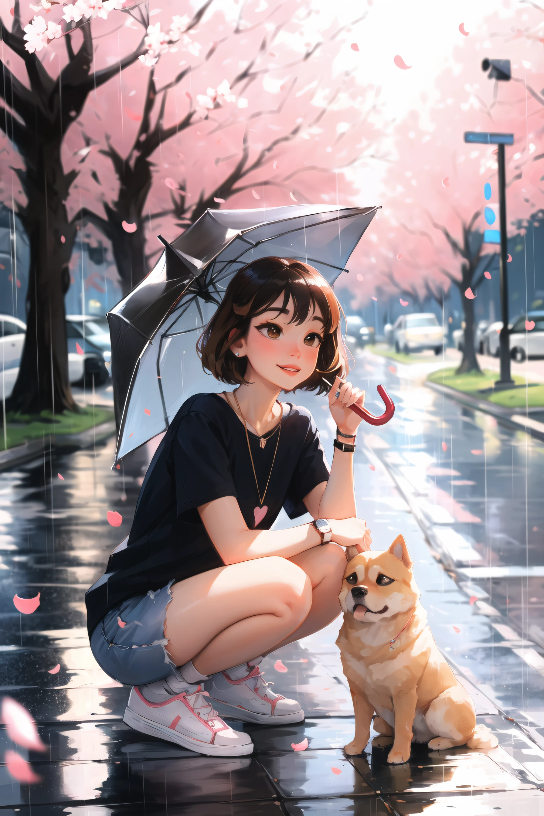 sam yang,
1girl, animal, bird, blurry, blurry background, brown eyes, brown hair, cherry blossoms, dog, full body, holding, holding umbrella, jewelry, looking up, medium hair, necklace, rain, shiba inu, shoes, short sleeves, smile, sneakers, solo, squatting, transparent, transparent umbrella, umbrella, watch, wristwatch
, ((masterpiece))