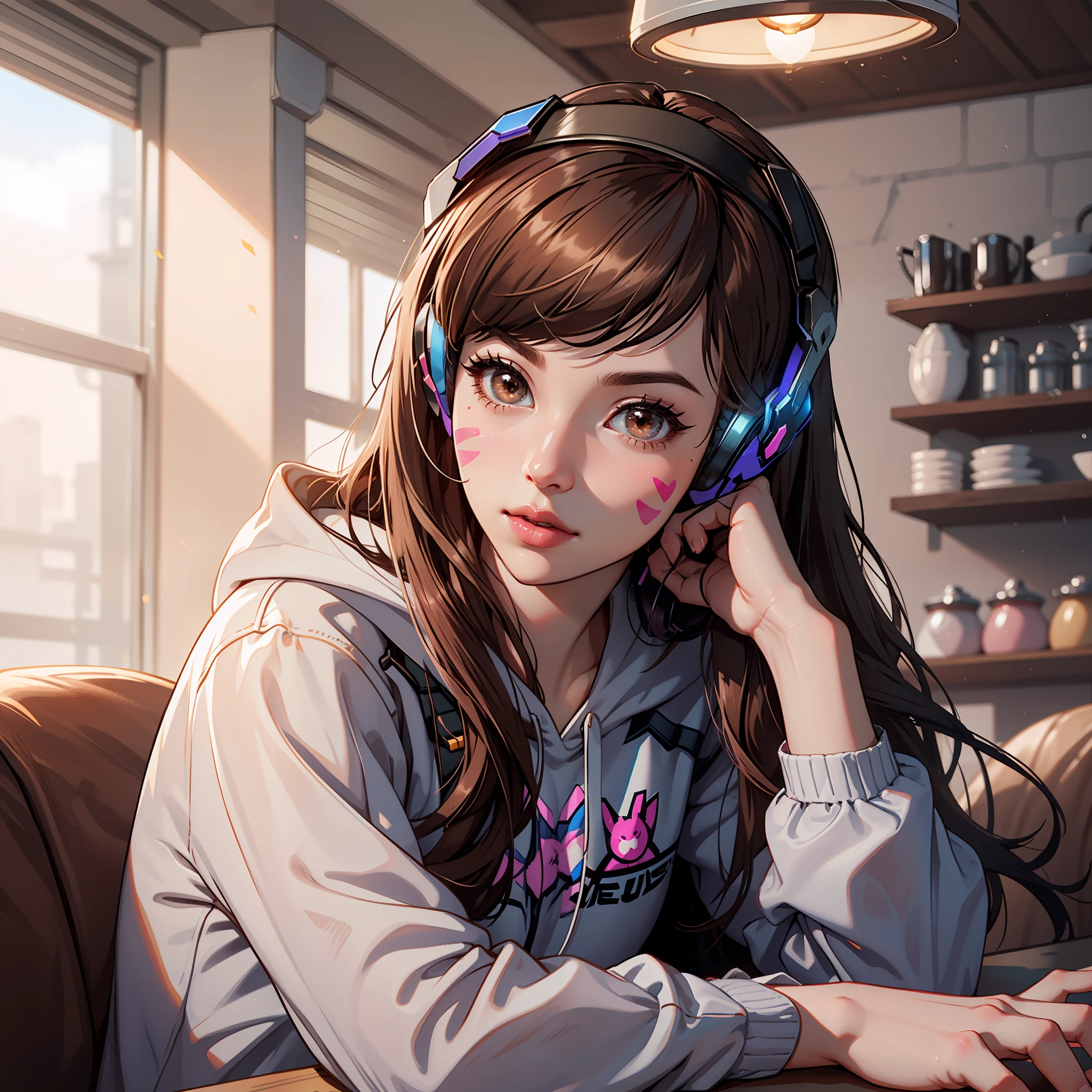 (masterpiece, high quality) Cute D.Va (from Overwatch) in a cafe , viewed from front, brown hair, wearing v t-shirt and short short, brown eyes and cute lips, kawaii and beautiful face, with a wide angle shot، headphones, pink_facial_mark, nice hands, perfect hands