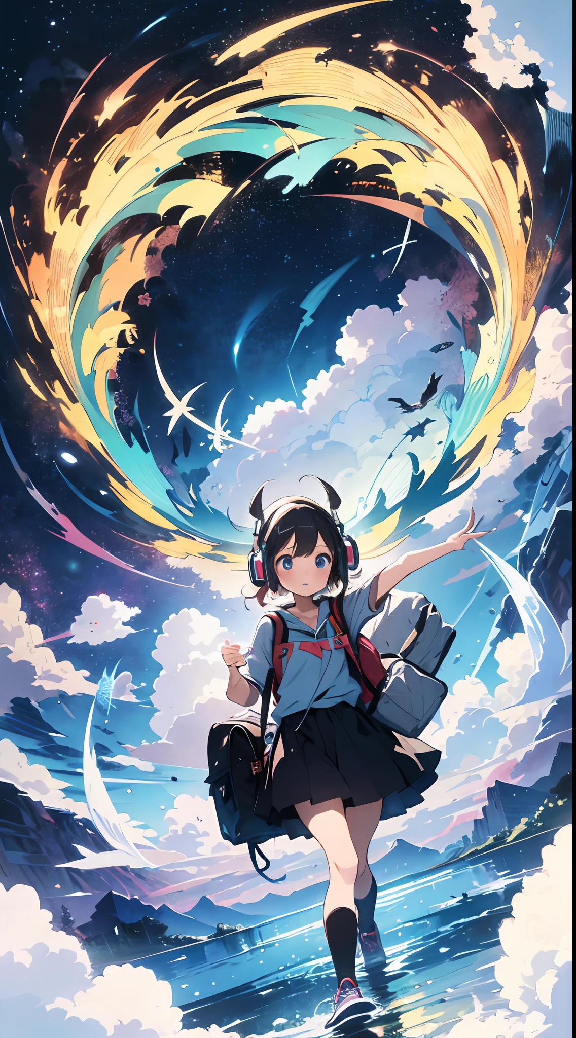 She created an amazing image of a girl who dreams of flying in the sky with her pet dragon. The images have a colorful and whimsical atmosphere, And the girl and the dragon look very happy and free. The image has、There are also details that indicate the character and hobbies of the girl, Her headphones and more, Her backpack, and her sketchbook. The image impressed the judges and readers with its originality and creativity.