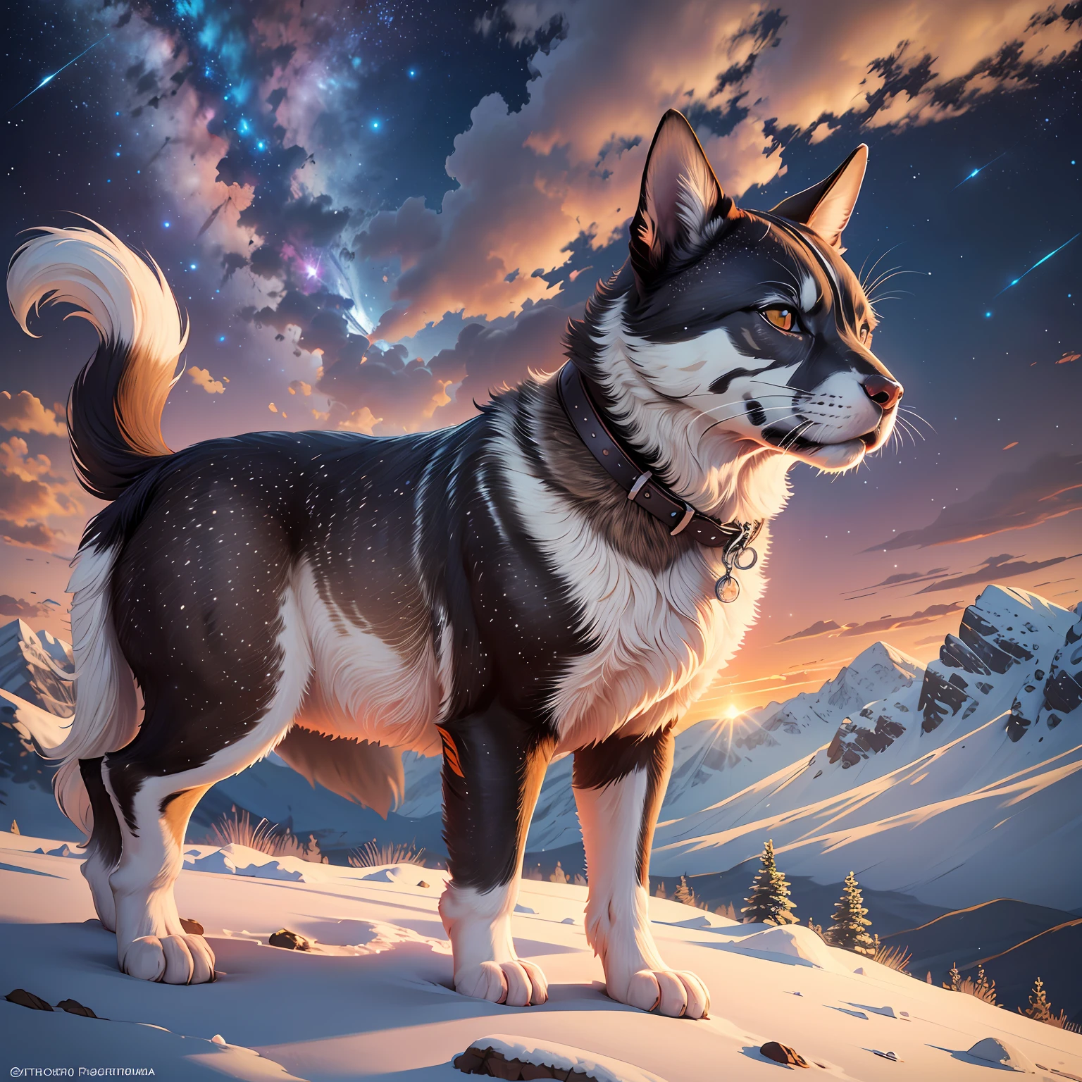 A playful dog exploring the vibrant and rocky landscape of Mars. The dog is standing on a Martian surface covered in red dust and scattered rocks, with the backdrop of a clear, starry sky. The dog's tail wags as it looks curiously at the alien terrain. Adventurous, inquisitive, otherworldly, energetic, dynamic, boundless curiosity, agile movement. Artist or Style Inspiration: Salvador Dalí, with his surreal and dreamlike imagery, Yayoi Kusama, with her bold and vibrant patterns, and Charles M. Schulz, the creator of "Snoopy" with his whimsical and lively drawings. HD resolution, capturing the fine texture of the Martian surface and the dog's fur. Use vibrant color palettes with a mix of warm and cool tones to create an otherworldly atmosphere. Enhance the details of the dog's facial expressions and movements. Implement a subtle depth of field to focus on the dog while giving a sense of the vastness of the Martian landscape. Create a panoramic view to showcase the expanse of the Martian scenery. Incorporate a slight motion blur effect to enhance the dog's agility and energy. Add a touch of luminosity to the stars in the sky to make them appear more magical. Finally, use brushwork inspired by Dalí, Kusama, and Schulz to bring a unique artistic flavor to the image. --v 5.2 --auto