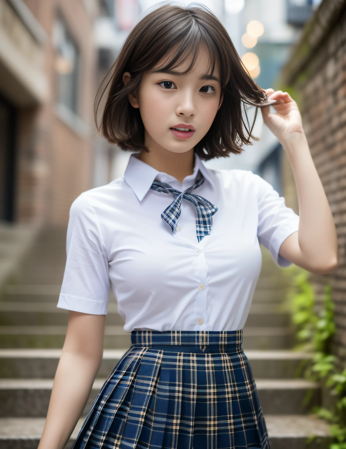 School Girls, (((Top Quality, 16k, Masterpiece: 1.3)), Ultra-Realistic, Masterpiece, Sharp Focus, Super Detail, Absurdity, High Resolution, Dynamic Lighting, 50mm Portrait, City, Night, Cute, Glossy Skin, Delicate Face, Surprised Look, White Shirt, Blue Ribbon, Shortcut Hair, Dark Blue Pleated Skirt with Tartan Plaid Pattern, ( ((skirt flips: 1.5)))), ((Lower body shows white underwear: 1.4)))), angle from diagonally down, baby face, tight bust top, descending stairs, (taken from overhead to knees: 1.4)